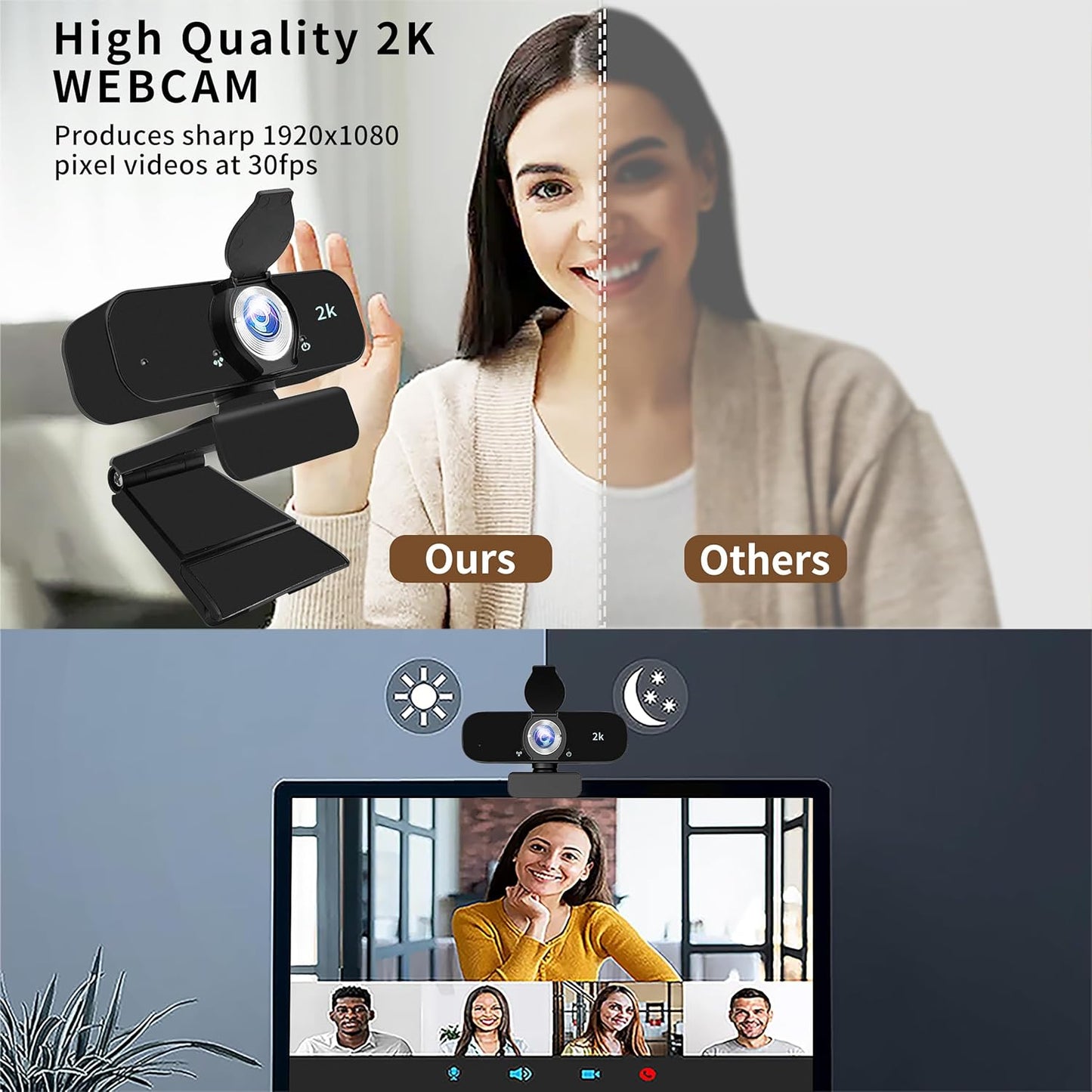 Lusinx 2K Webcam for Computer, USB Plug&Play, Auto Low Light Correction, Privacy Cover, Tripod, Wide Angle