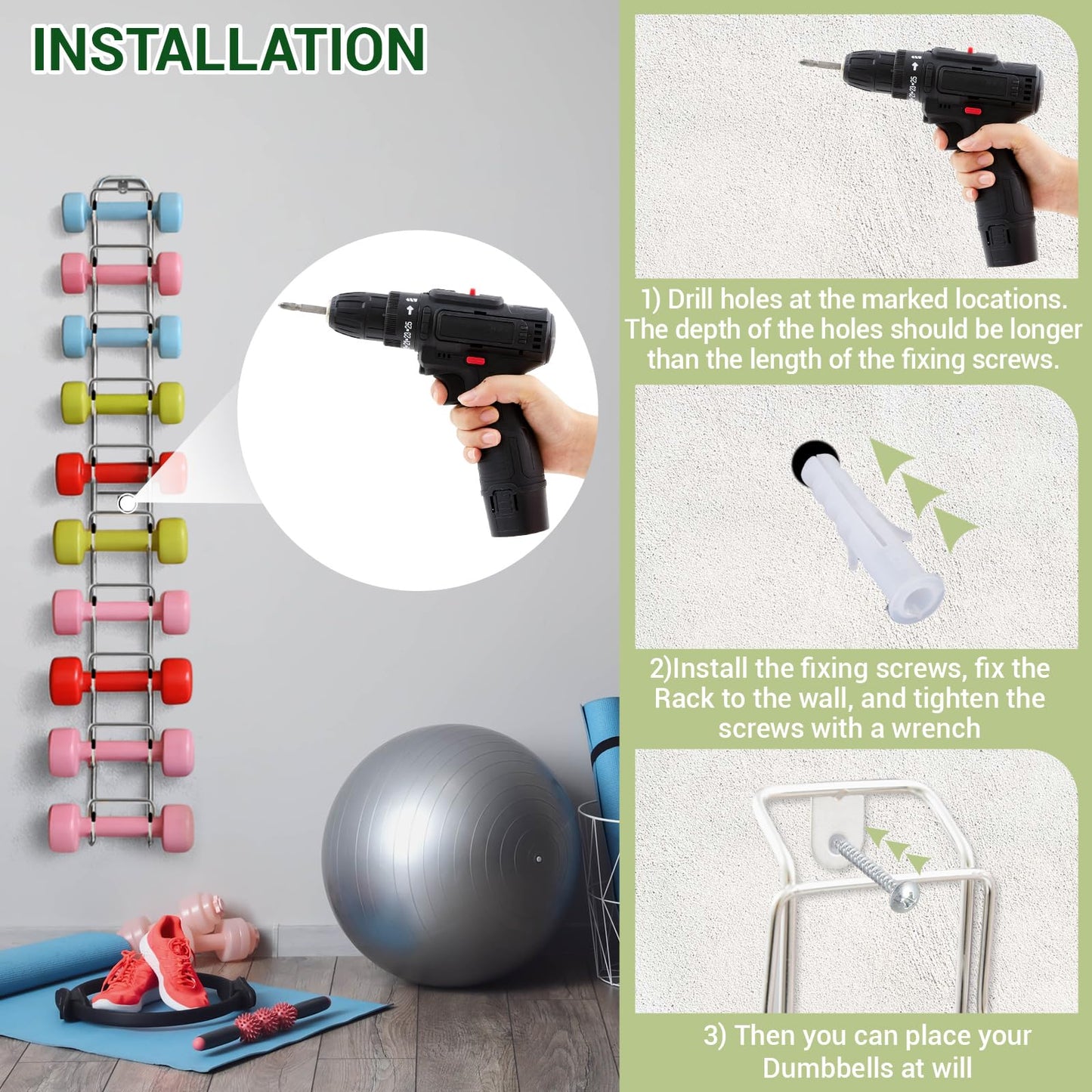 Zonon 48 Inch Dumbbell Wall Rack, Metal Barbell Wall Rack Hanger Organizer 10 Dumbbell Capacity, 120 lb for Space Saving Home Gym Storage Organizer, Hardware Included