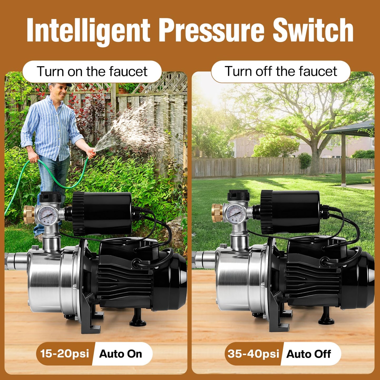 3/4 HP Water Pressure Booster Pump for House, Shallow Well Pump with Pressure Tank, Stainless Steel 1050 GPH 110V Auto On/Off Water Booster Pump, Irrigation Garden Sprinkler Pump for Home