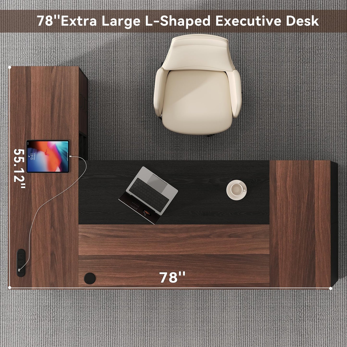 Epecoya L-Shaped Executive Desk with Drawer, 78-Inch Large Home Office Desk with Cord Hold and Power Outlet, Modern Computer Table with Lateral File Cabinet,Open Shelf and PC Stand, Walnut Brown Black