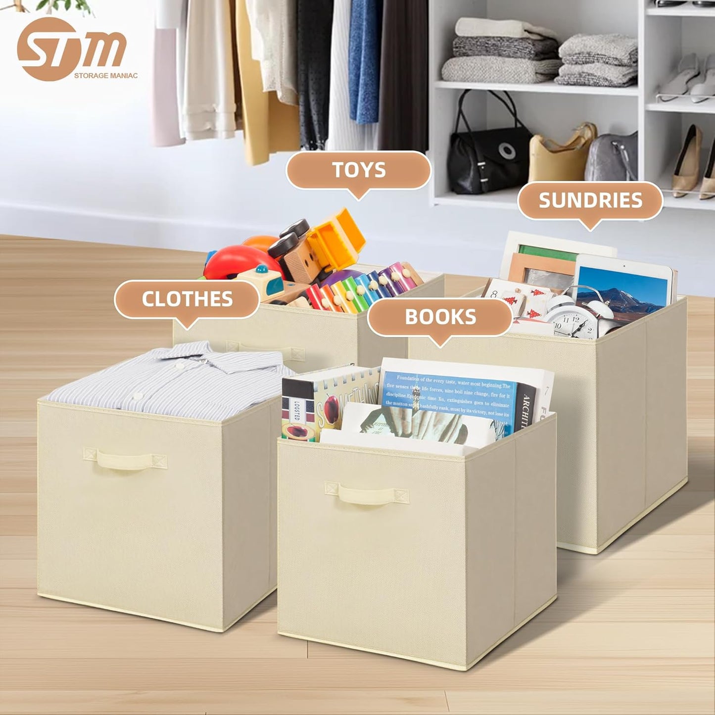 Storage Maniac Collapsible Storage Cubes - 13 Inch Fabric Bins with Handles | 6-Pack Beige for Organized Spaces