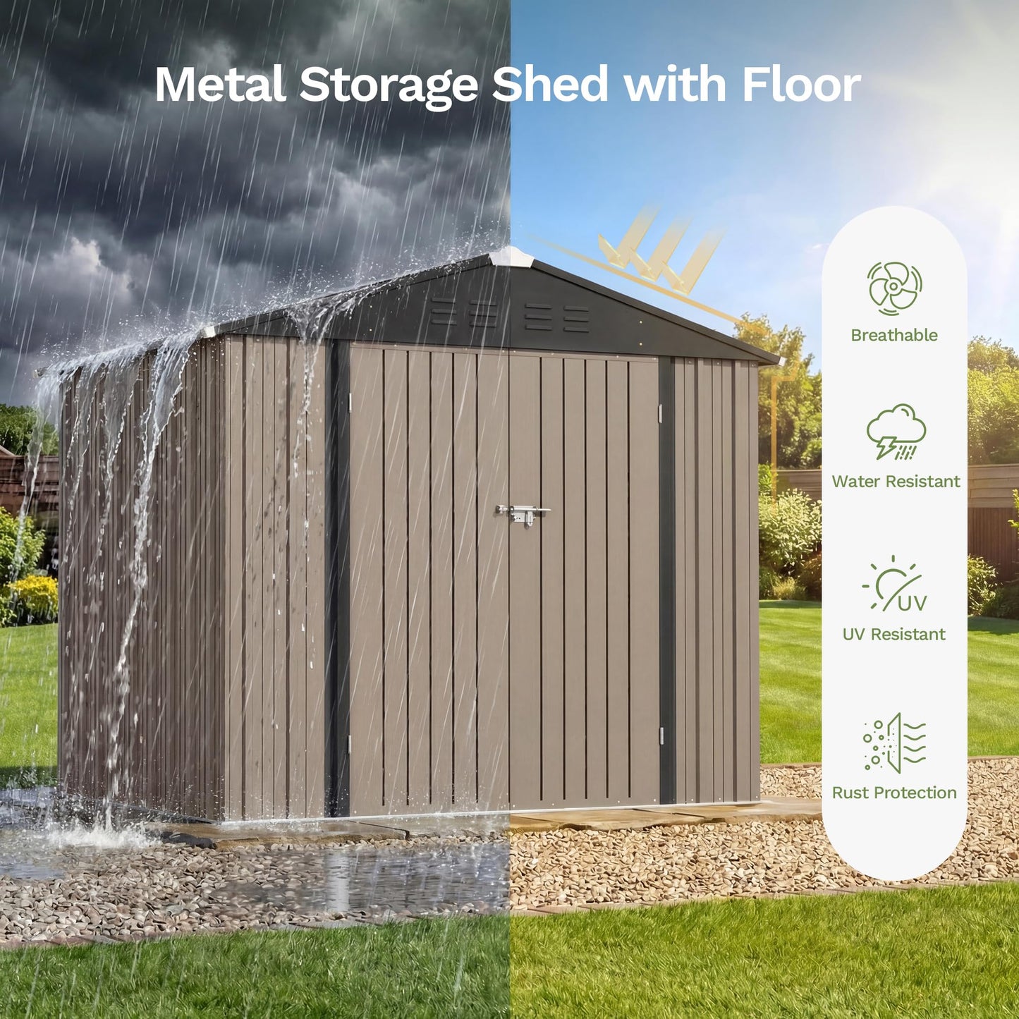 Patiowell 8x6 FT Outdoor Storage Shed with Floor Frame, Metal Garden Patio Sheds with Sloping Roof and Lockable Door, Waterproof Steel Tool Shed for Backyard Garden Lawn, Brown
