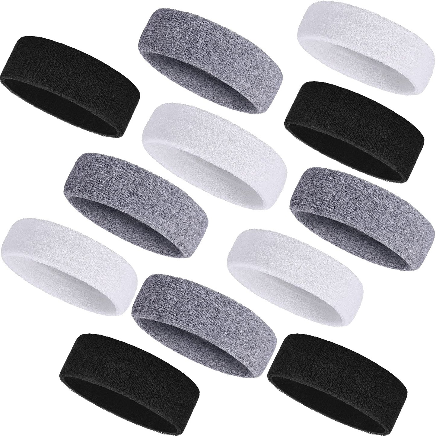 Bememo 12 Pcs Sweatbands Sport Headbands for Men & Women Basketball Headband Sport Competitions Sweat Headbands Running Terry Cloth Moisture Wicking for Yoga,Tennis,Gym,Exercise(Black, Grey, White)