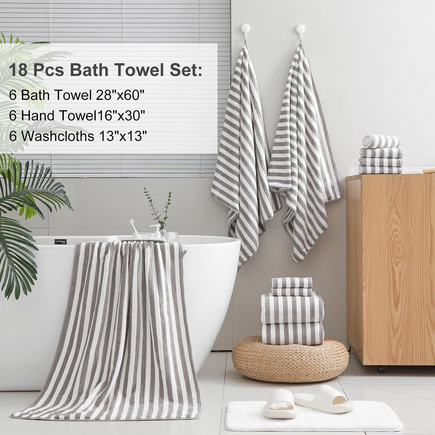 Smuge 18 Pcs Bath Towel Set, Include 6 Bath Towel Sheets, 6 Hand Towels and 6 Washcloths - Highly Absorbent Quick Dry Microfiber,Ultra Soft Bathroom Towel Set with Hanging Loop - Light Gray