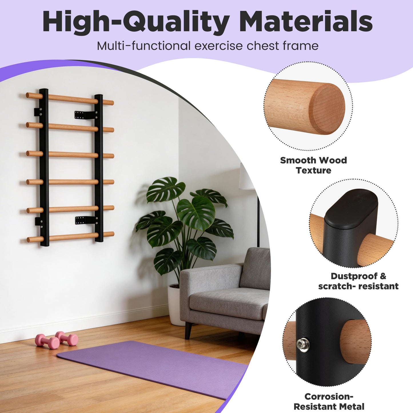 Multi-Function Half Height Swedish Wall Ladder Stall Bar – Sturdy Solid Wood & Steel Frame for Home Gym, Wall Mounted Pull Up & Climbing Bar for Full Family Strength, Stretch & Fitness Training