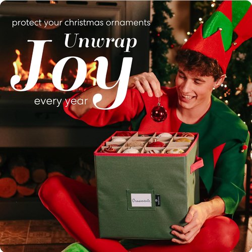Handy Laundry Christmas Ornament Storage Box - Holds Up to 64 Ornaments | Adjustable Dividers & Two Handles - Keeps Holiday Decorations Clean & Dry (Green)