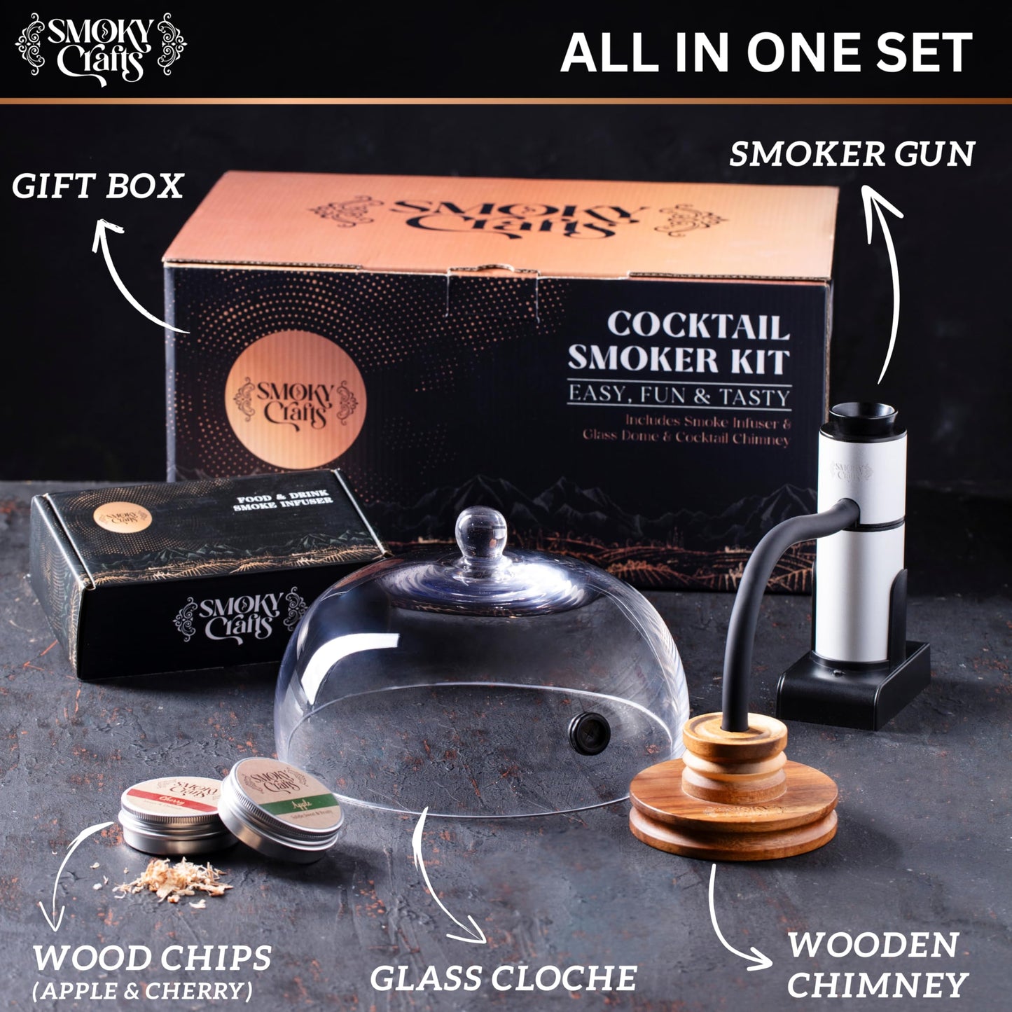 Smoky Crafts Food & Whiskey Smoker Kit with Updated Smoke Gun, 8" Glass Dome, Acacia Wood Top and Apple & Cherry Wood Chips - Old Fashioned Drink Smoker Kit