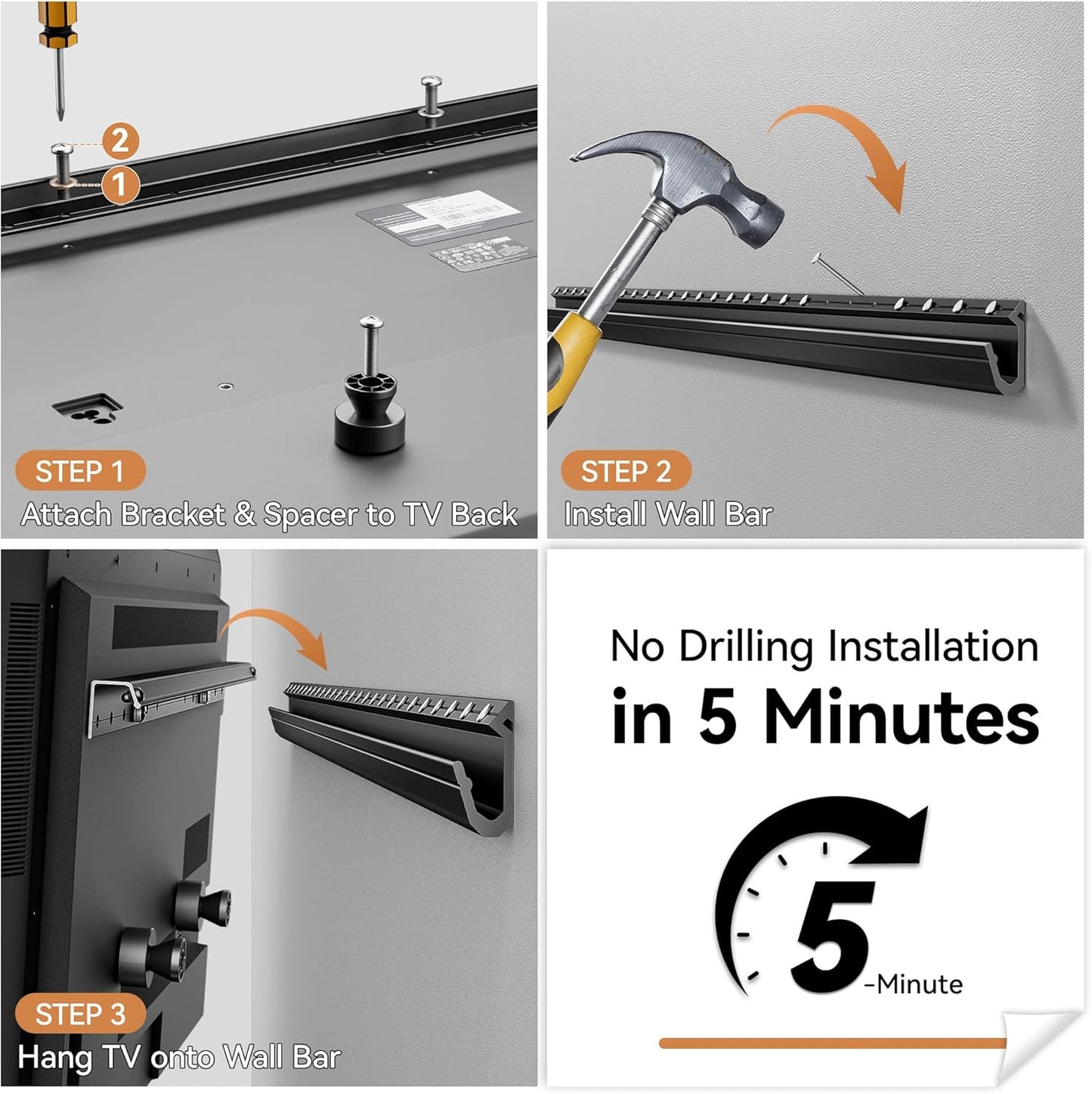 Antimbee 32-75 Inch 600x400mm 150lbs, 5, Studless Drywall TV Wall Mount, No Stud No Drill TV Bracket Hanger for TVs