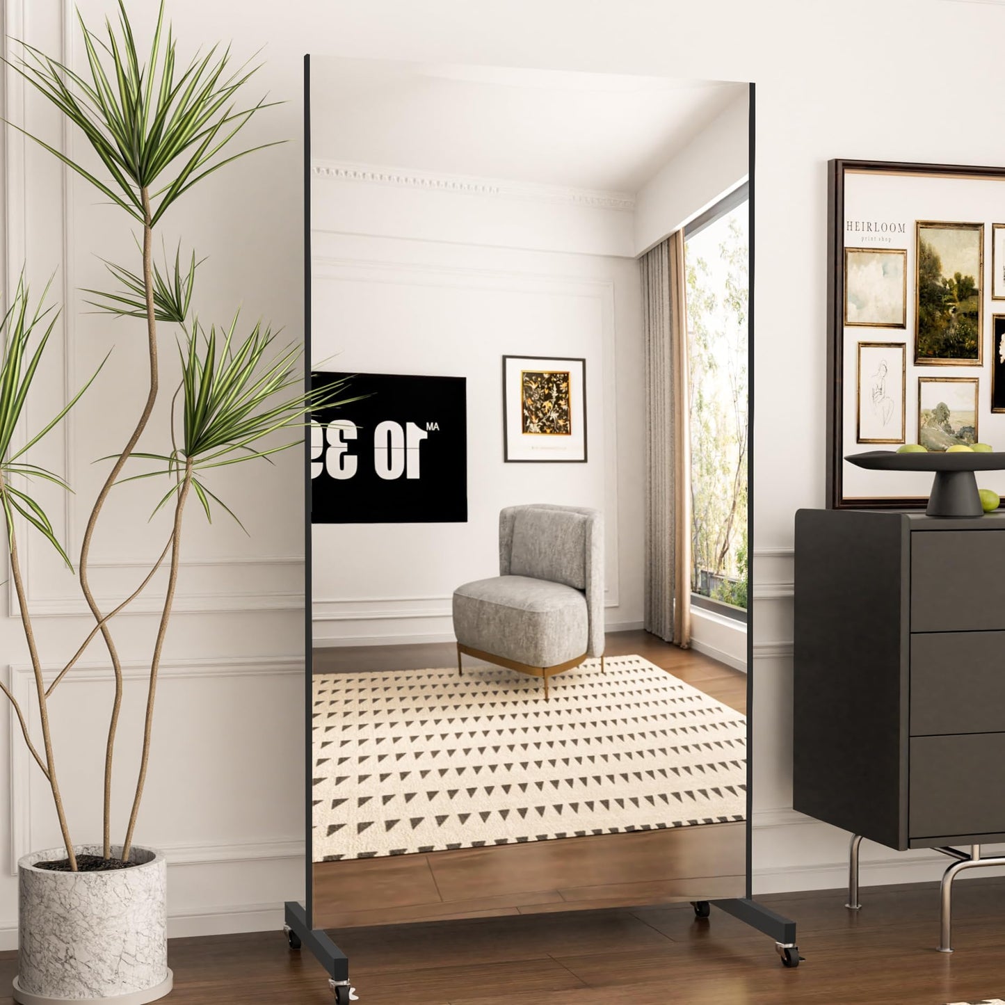 HDmuxel Full Length Mirror with Wheels, 71 "x 40", Black, Nano Film Surface Without Glass, shatterproof, Safe, Lightweight, only 13lbs Easy to Move and Install, for Home Gym, Dance & Yoga Studios.