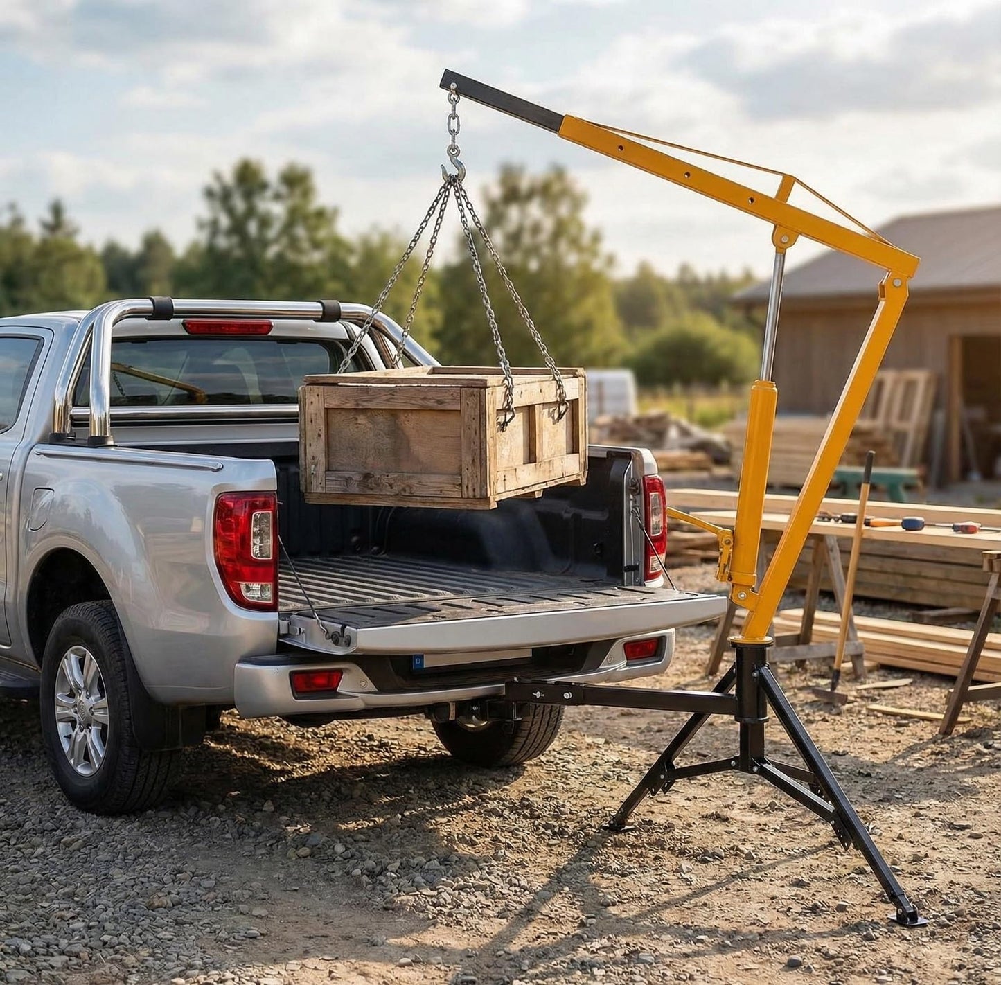 EliteEdge 1000 LBS Hydraulic Pickup Truck Crane, 360° Swivel Hitch Mounted Hoist with 3 Adjustable Booms, Truck Bed Crane for Lifting Engine, Deer, or Construction Goods
