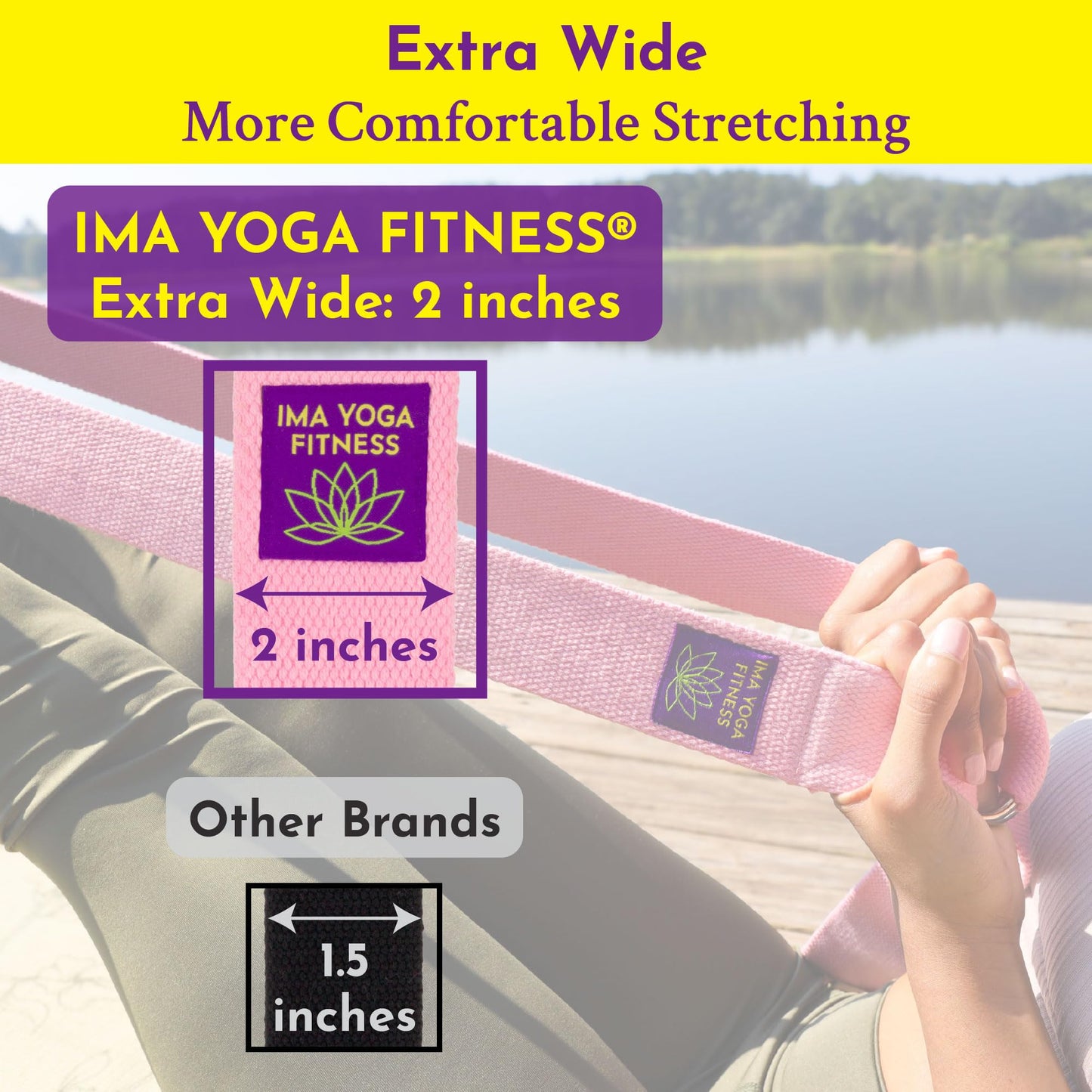 Ima Yoga Fitness - Adaptive Yoga Strap, Yoga Stretching Strap, Extra-Wide 2 Inches, 100% Naturally Soft Cotton, Steel D-Rings, Includes 100% Natural Cotton Storage Pouch (Pink, 8 feet)
