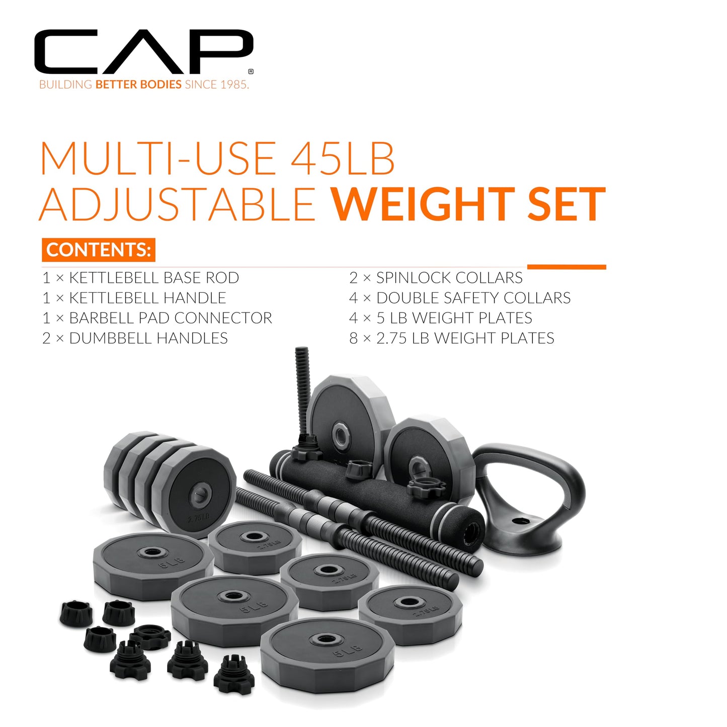CAP Barbell 45 lb Multi-Use Adjustable Weight Set - Versatile Dumbbell, Barbell & Kettlebell for Full-Body Workouts