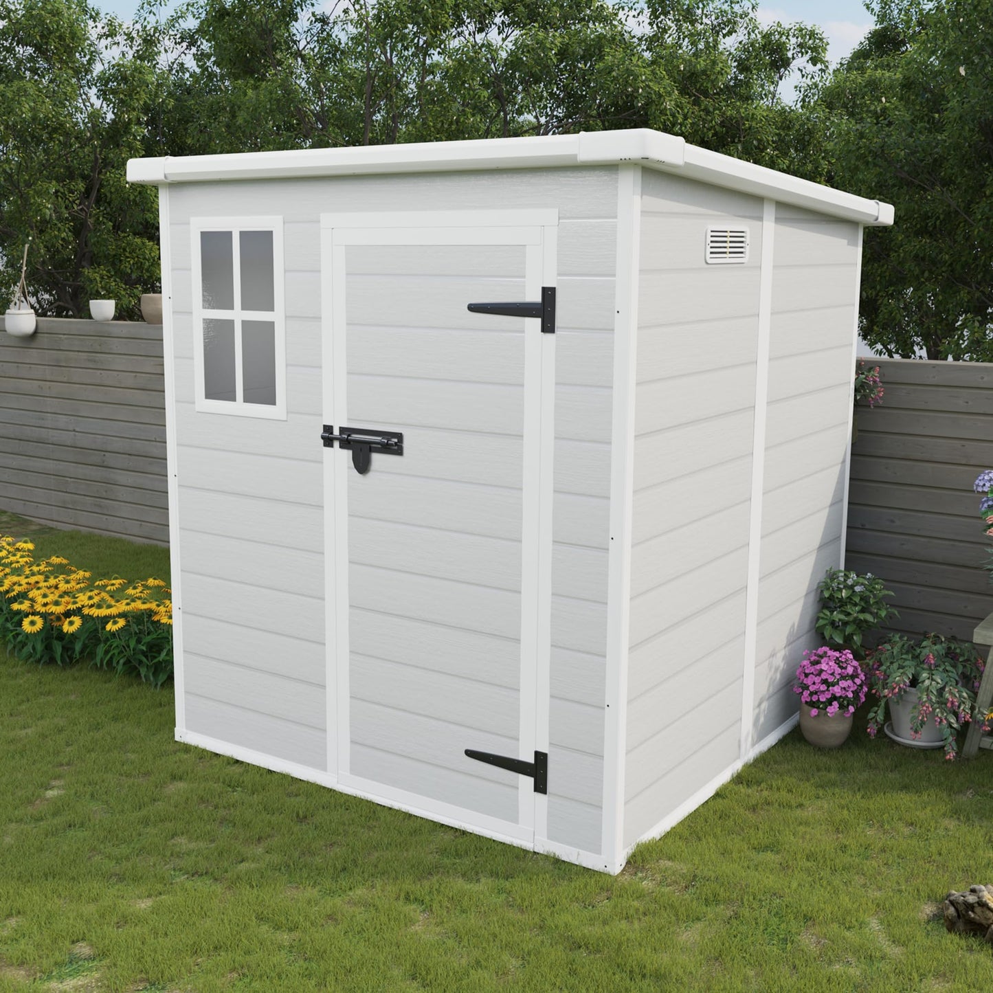 Outdoor Storage Shed 6x6 FT, Resin Lean to Shed with Floor, Window, Lockable Door, Waterproof Outside Sheds Patio Furniture Tool Shed for Bike, Garbage Can, Lawn Mower (Grey, 6 * 6ft)