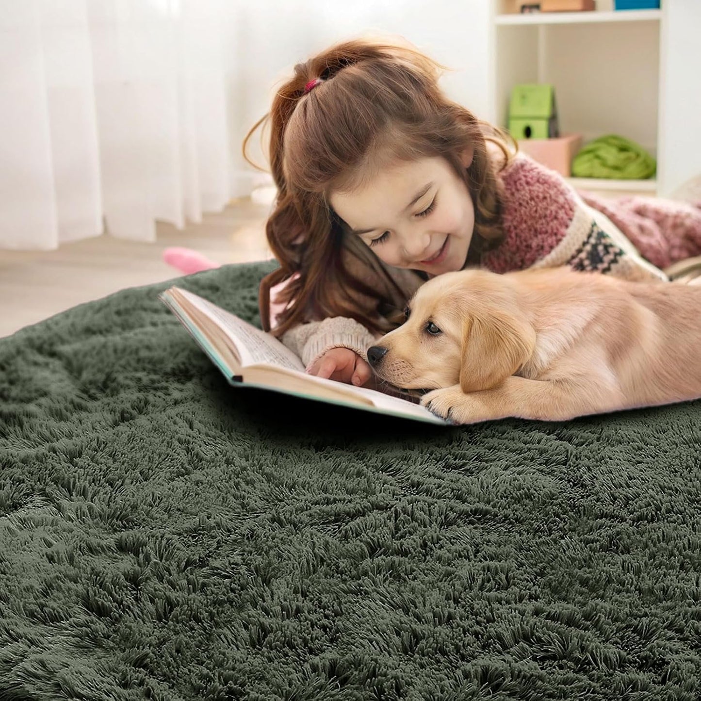 OLANLY Olive Green Round Rug - Soft, Fluffy, Machine Washable 4 ft Circle Area Rug for Bedroom & Living Room