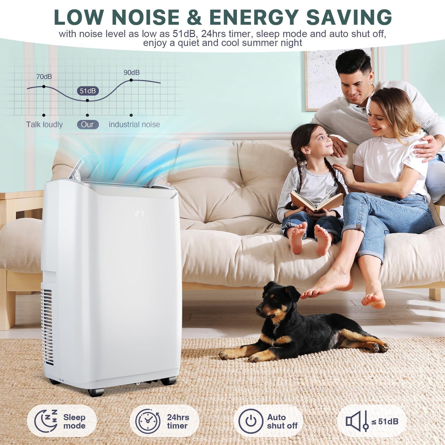 14000 BTU Portable Air Conditioner with White Body, Cooling, Dehumidifying & Fan Features, Quiet Operation for Large Rooms, 24-Hour Timer, Easy Setup & Energy Efficient