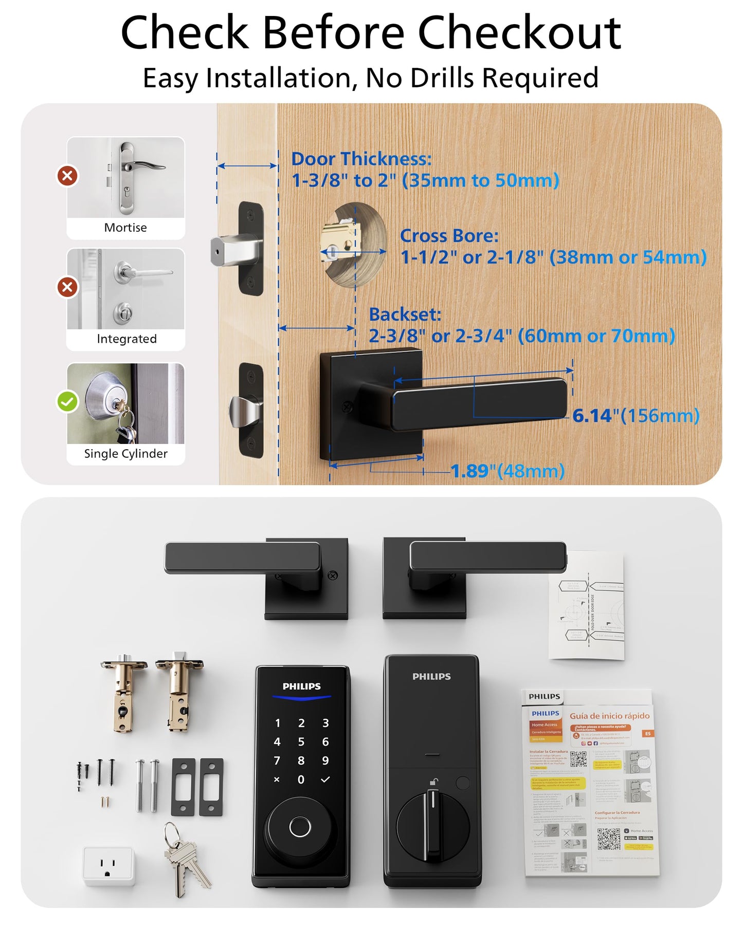 Philips WiFi Smart Lock with Handle, Fingerprint Keyless Entry Door Lock with WiFi Bridge, Smart Locks for Front Door with Handle Set, APP Remote Control, Voice Control, Auto-Lock, Matte Black