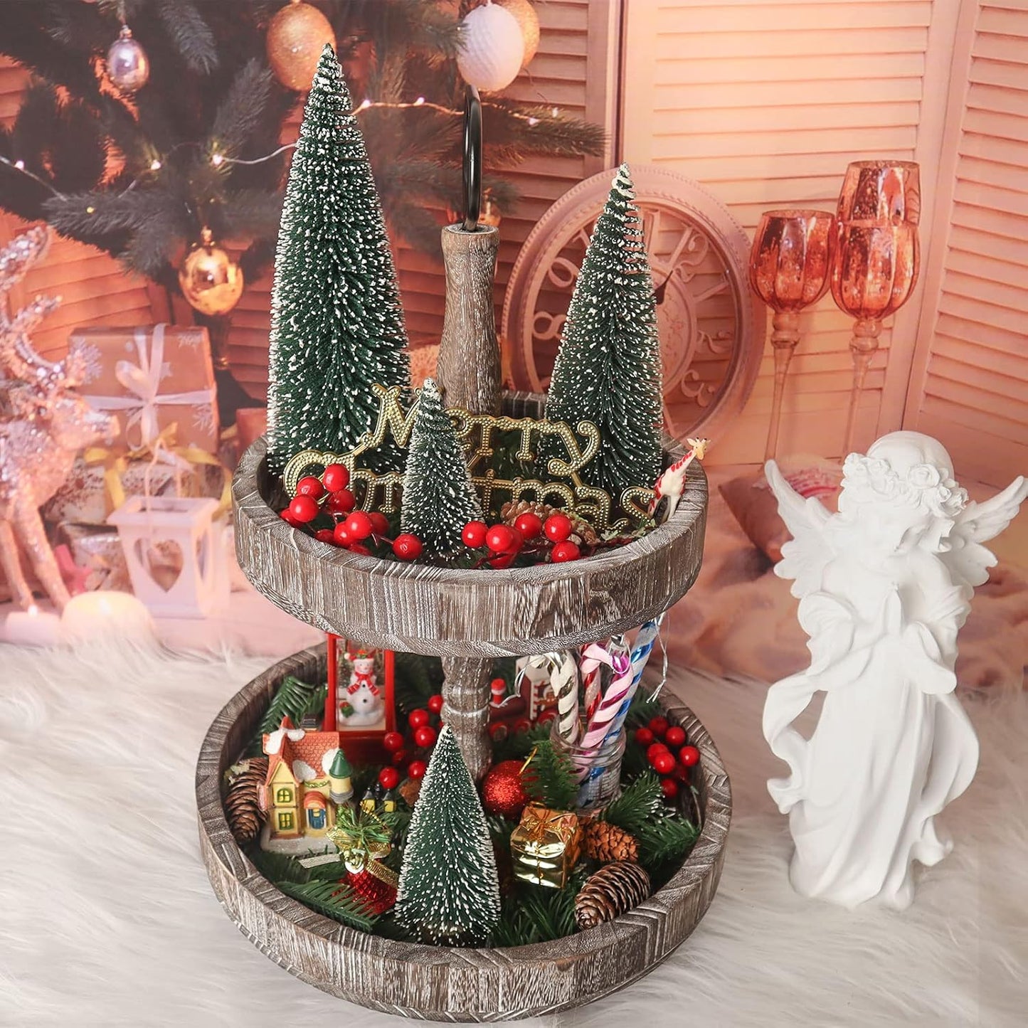 Skiennix Mini Christmas Tree - Small Pine Tabletop Decor with Wooden Bases | Green (Set of 4)