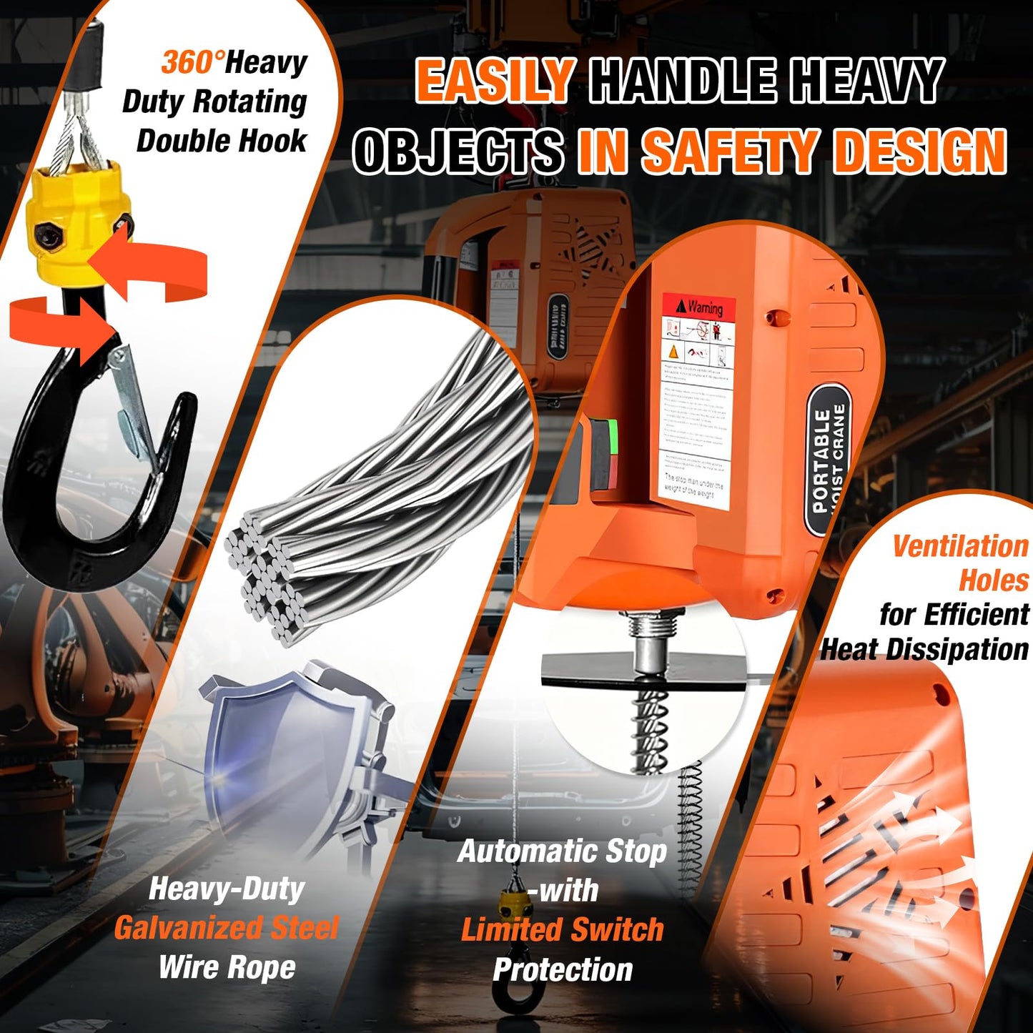 3-in-1 Electric Hoist with Remotes, 2200lb Capacity Portable Power Winch Crane 110V, 25ft Lifting Height (Orange, 3-IN-1-2200LBS)