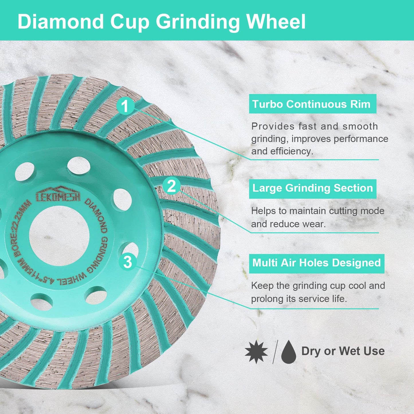 LEKOMESH Diamond Core Drill Bits Set 7pcs Tile Hole Saw Kit for Porcelain Tile Ceramic Marble Brick Concrete with 5/8"-11 Thread and LEKOMESH Diamond Grinding Cup Wheel