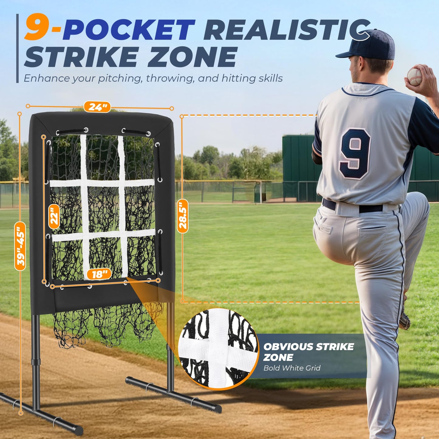 Sturdum 9 Hole Pitching Net, Portable Baseball Softball Nine Pocket Pitching Target with Strike Zone, Height Adjustable Pitcher Training Equipment with Carry Bag, 4 Ground Stakes