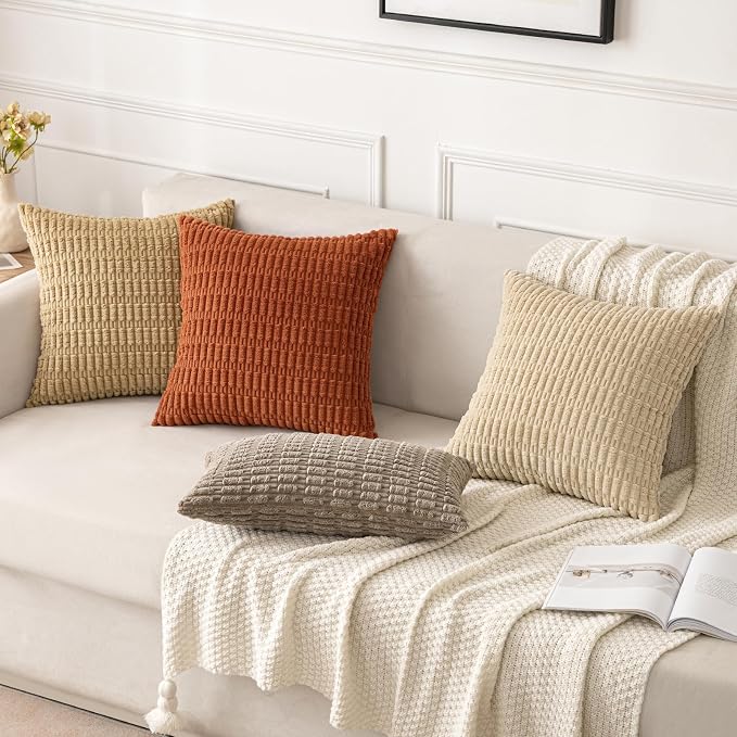 MIULEE Pack of 2 Corduroy Decorative Throw Pillow Covers 12x12 Inch Soft Boho Striped Pillow Covers Modern Farmhouse Home Decor for Sofa Living Room Couch Bed Tan