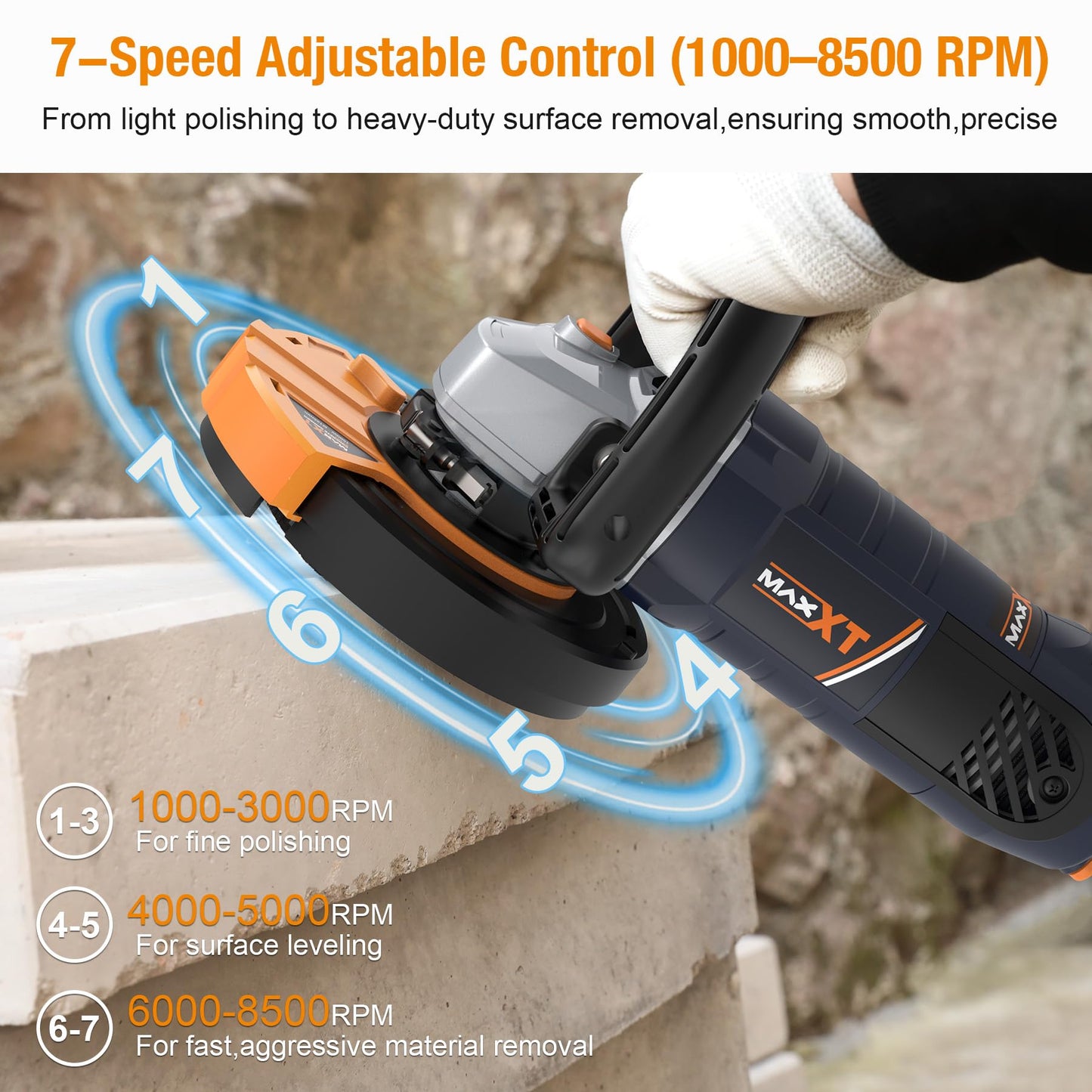 MAXXT 5 Inch Concrete Surfacing Grinder, 1500W 14A Motor, 7 Adjustable Speed Angle Grinder Kit with Diamond Disc, Removable Guard, Concrete Sander for Polishing and Grinder Stone Cement Marble Granite