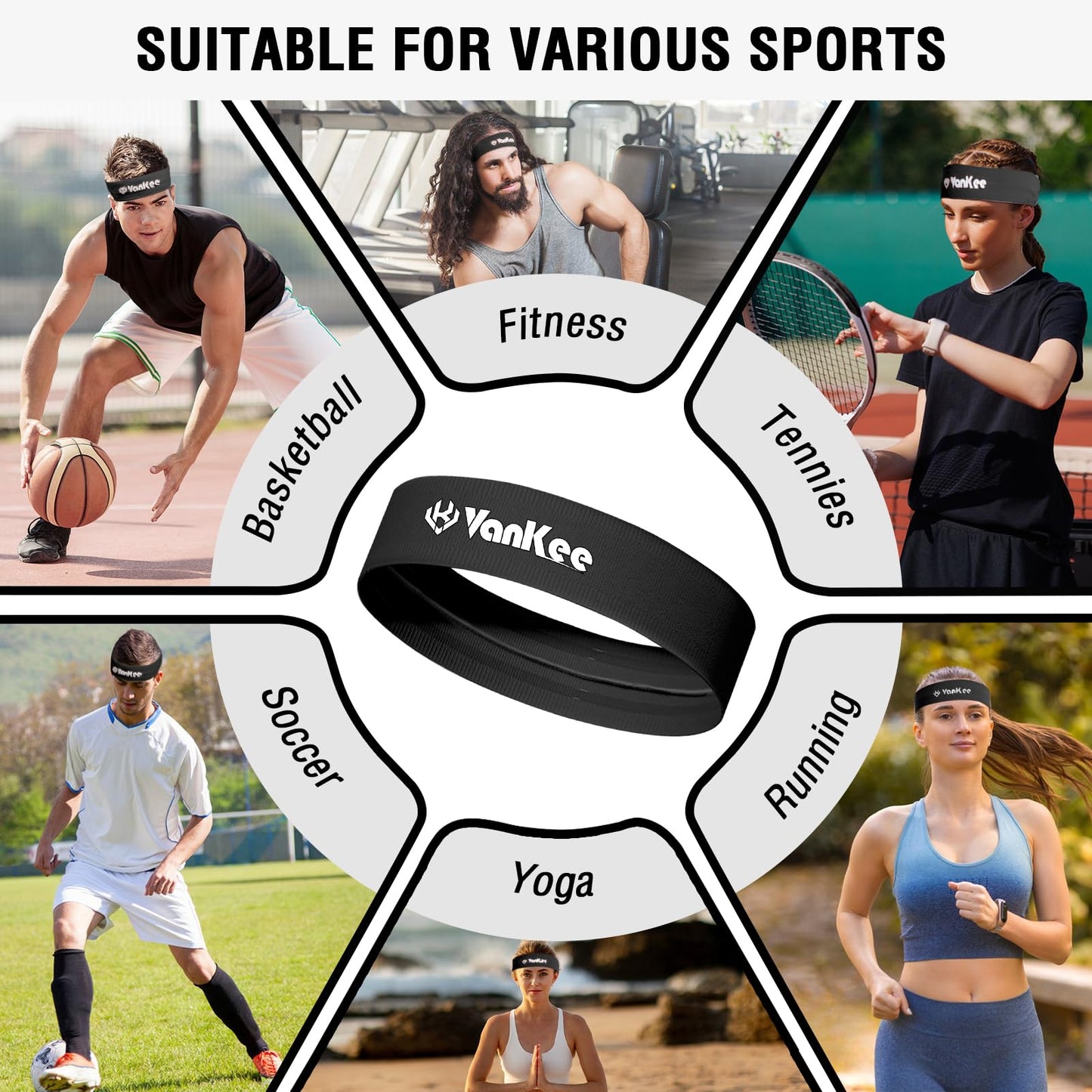 VanKee Sports Headbands for Men Cooling Sweatbands for Women Moisture Wicking Non Slip Workout Athletic for Running Yoga Tennis Basketball Fitness