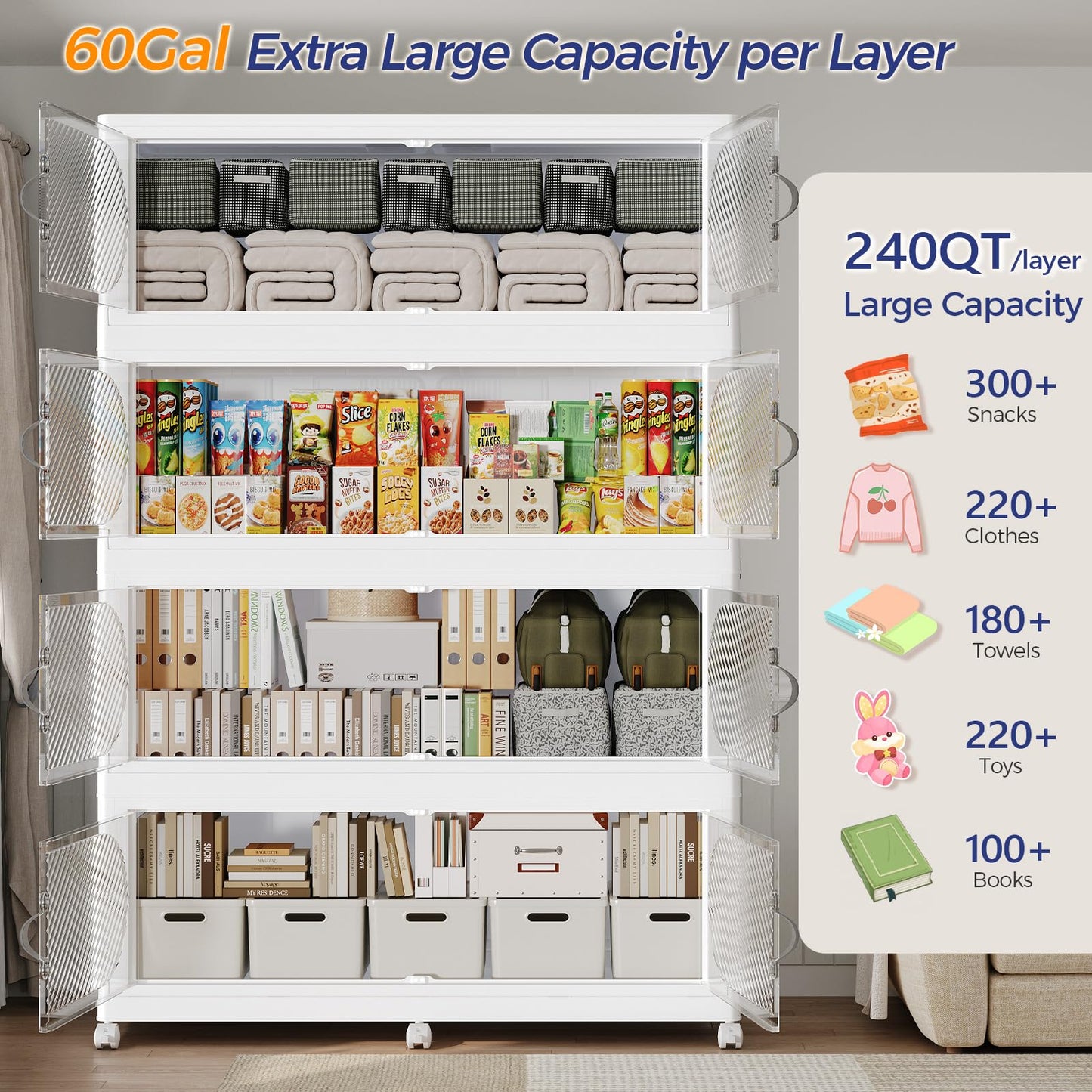 HOCRYPTA 240Gal/960QT 4-Tiers Extra Large Stackable Storage Bins with Lid, Collapsible Cabinet Closet Organizer Plastic Container Box with Wheels Doors Drawers for Living Room Kitchen Office, White