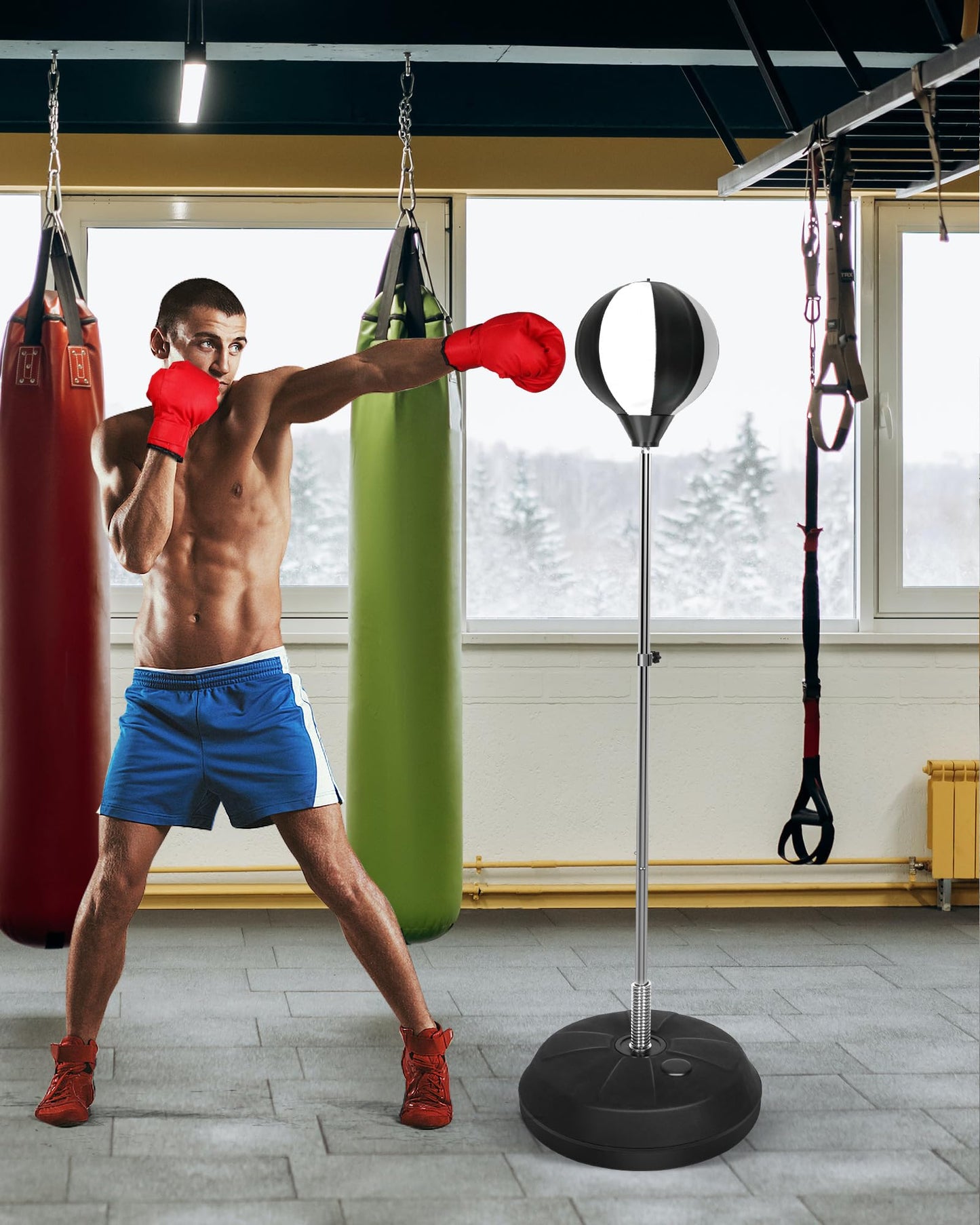 47-59IN Fitness Reflex Bag,Speed Ball Stand Punching Bag with Gloves, Boxing Bag for Adults and Teens, Great for Gifts MMA Training(Black White)
