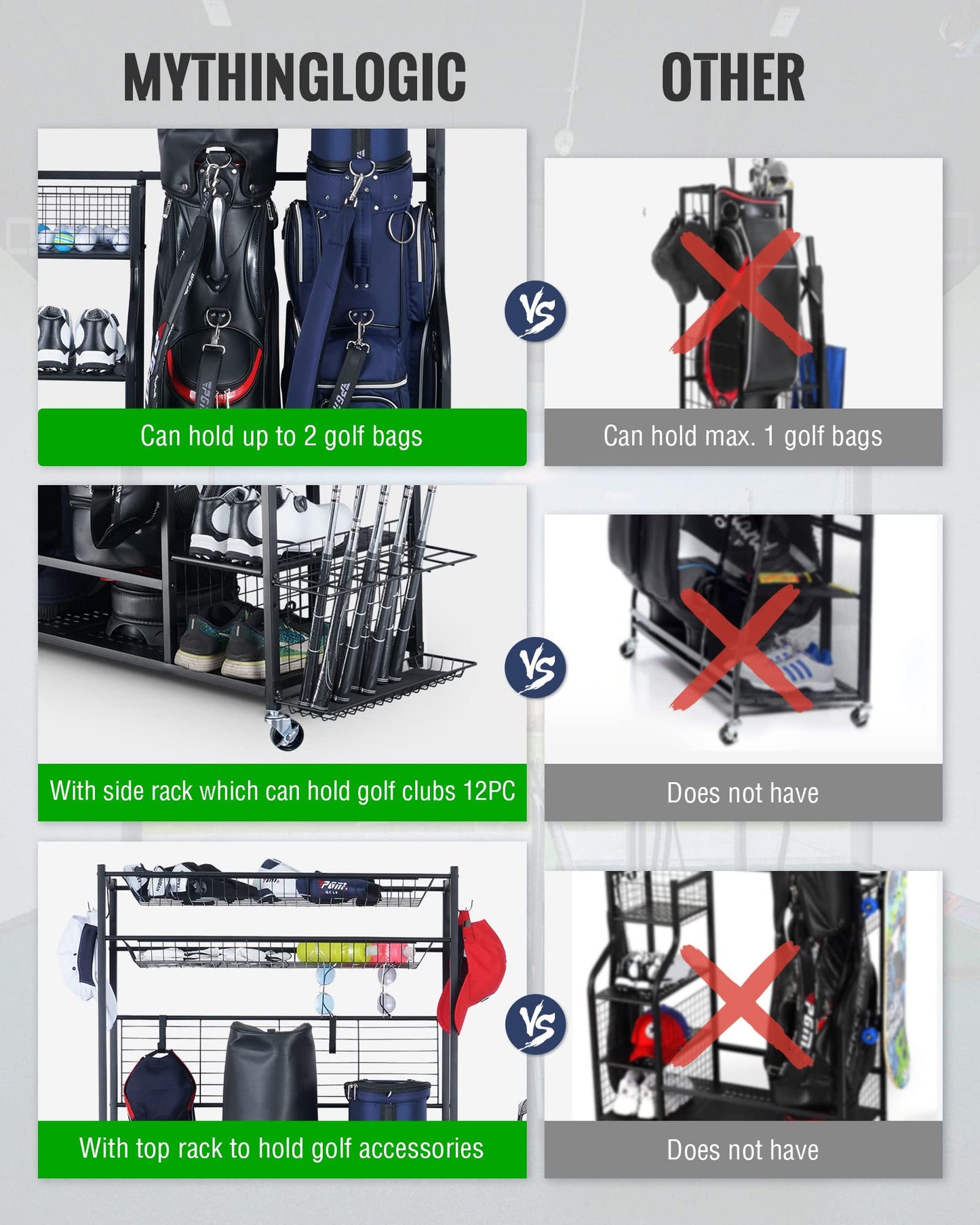Mythinglogic Golf Club Storage Rack - 2 Golf Bags Stand and Golfing Equipment Accessories Storage Organizer with 4 Removable Hooks, Metal Black Golf Rack for Garage