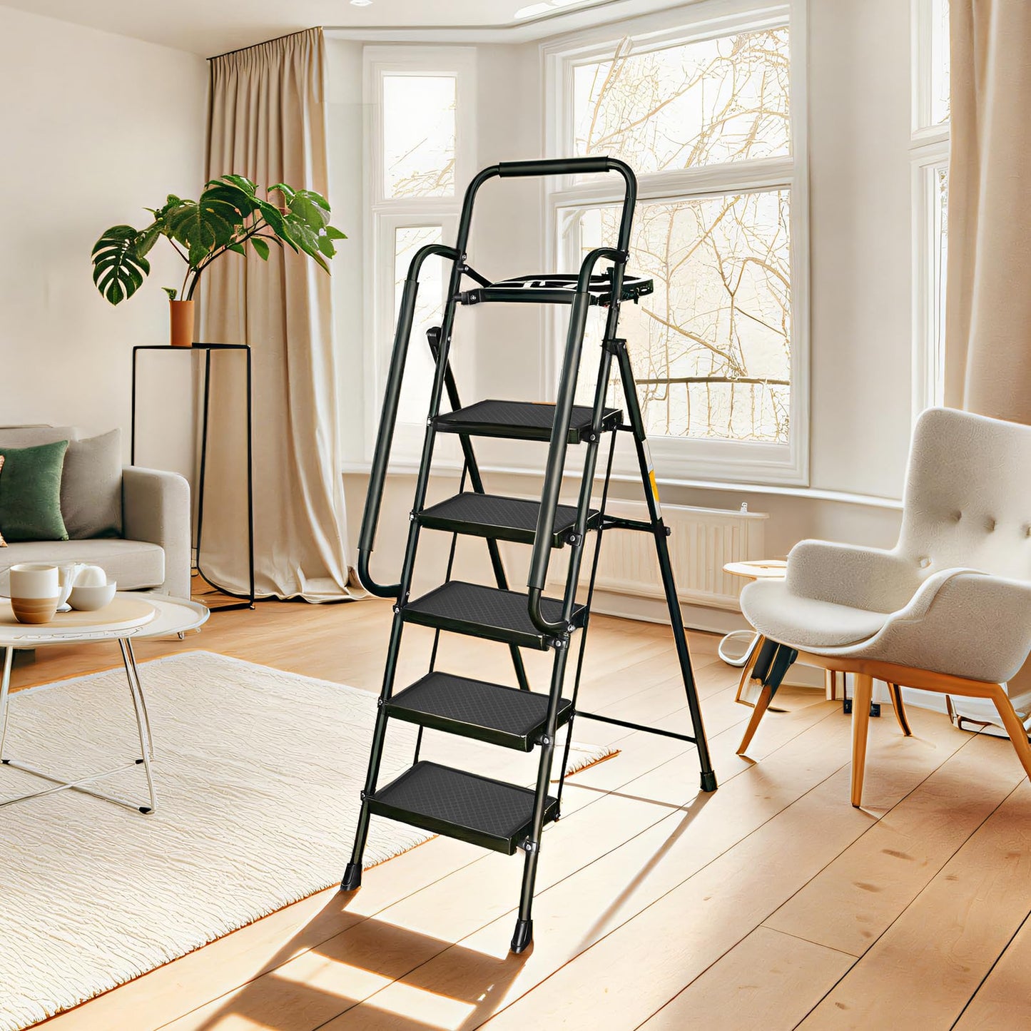 Valeo 5 Step Ladder with Handrails,500 Lbs Capacity,Folding Step Stool Ladder with Tool Platform,Wide Anti-Slip Pedal,Step Ladder 5 Step Folding,Multi-use for Home,Kitchen,Office,Black