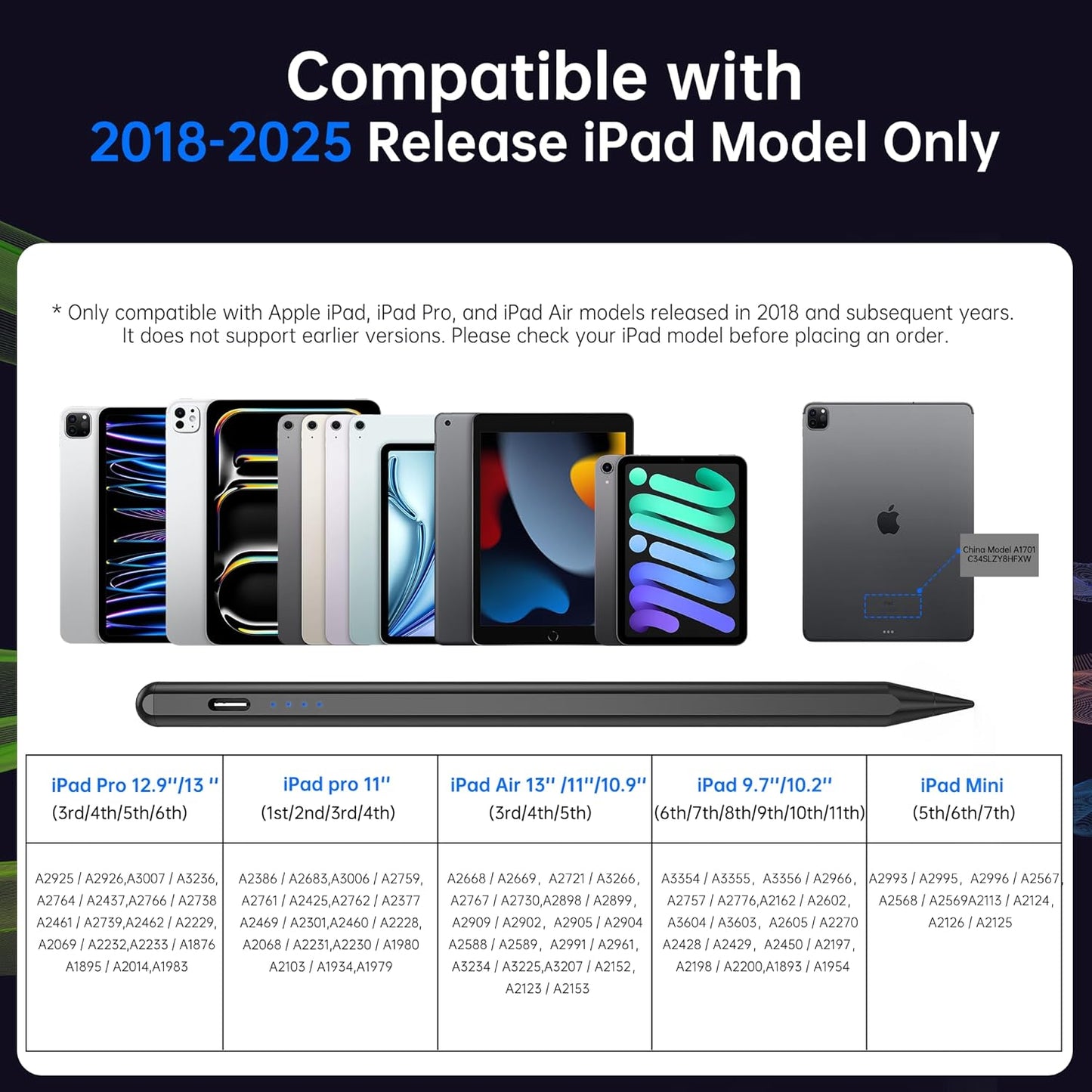 Cordv (2018-2026) 11/10/9/8/7/6th 13"/12.9"/11"/M4, 7/6/5/4/3/M3/M2, 6/5th Stylus Pen for iPad Apple Pencil with Palm