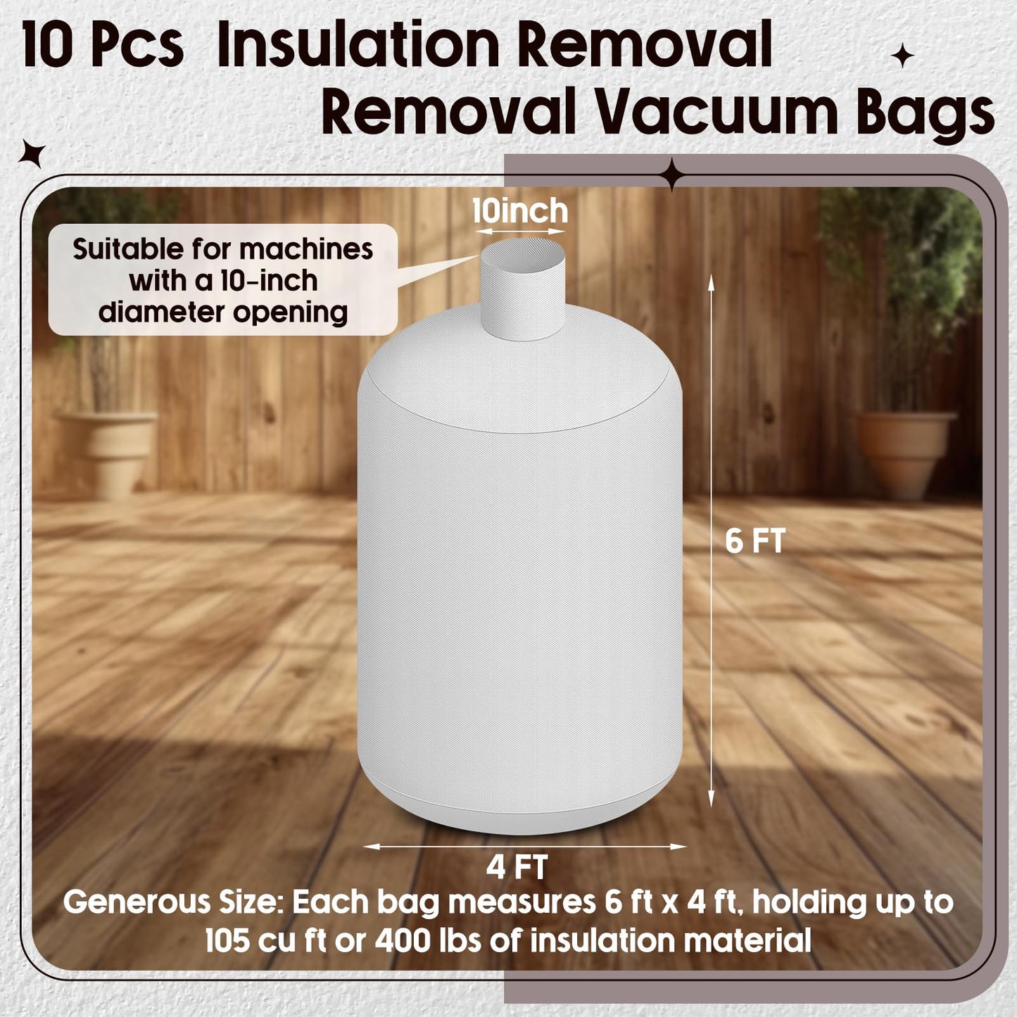 Pangda 10 Pack Insulation Removal Vacuum Bag Bulk 6 x 4 ft Heavy Duty Attic Low Dust Bag Holds 75 Cubic ft 400 Lbs Compatible with Insulation Hoses Easy-fill Spout & Lowest Dust Filter (White)