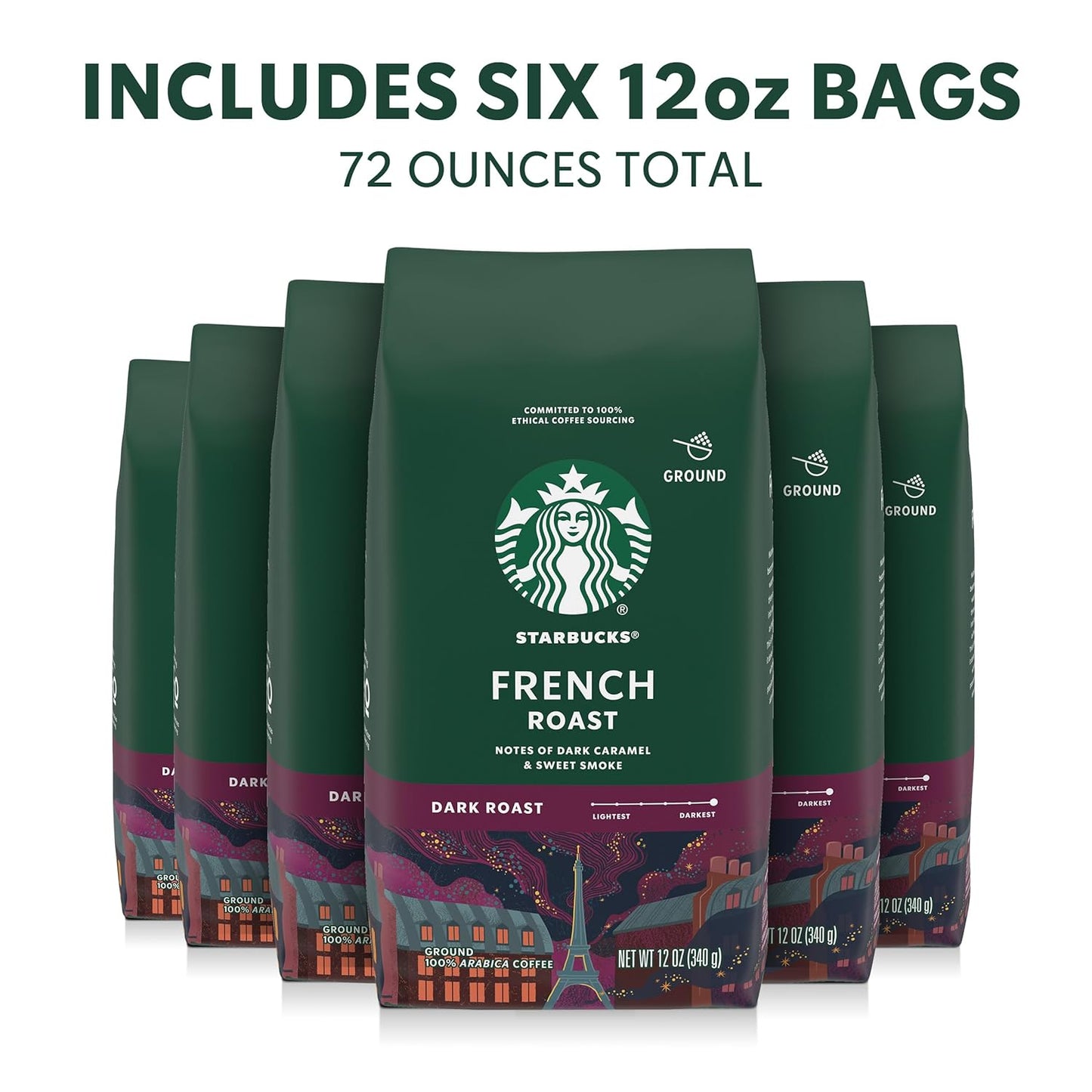 Starbucks Ground Coffee - Dark Roast for Hot or Iced Beverages | French Roast, Six 12 oz Bags