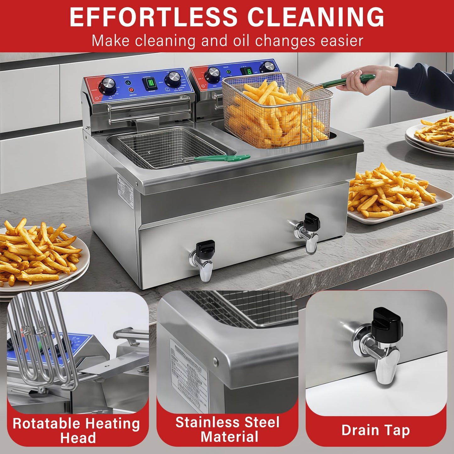 BNDHKR Commercial Deep Fryer, 2 x 15.3Qt Dual Tank Electric Countertop Deep Fryers with Drain, 3800W Large Capacity Stainless Steel Oil Fryer with Baskets and Time&Temp Control for Restaurant Use