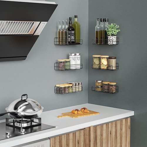 Moforoco Spice Rack Organizer - Wall-Mounted 6-Pack Black Shelves for Kitchen & Pantry Storage