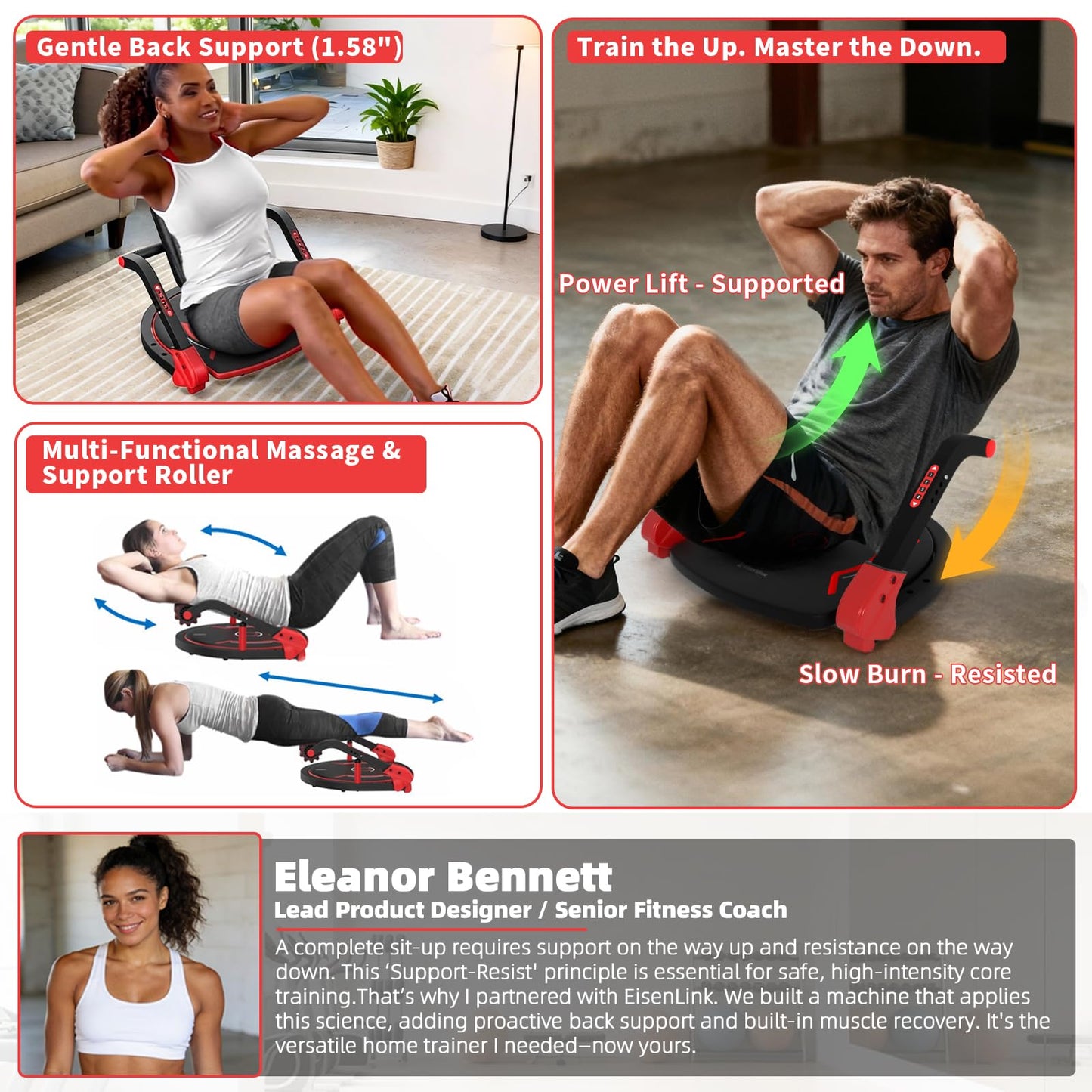Eisenlink Sit Up Exercise Equipment with 4 Adjustable Resistance Levels, Flat Backrest Ab Crunch Machine for Stomach & Core Workout, Ab Machine, Ab Trainer, Sit Up Machine for Home Gym Men & Women