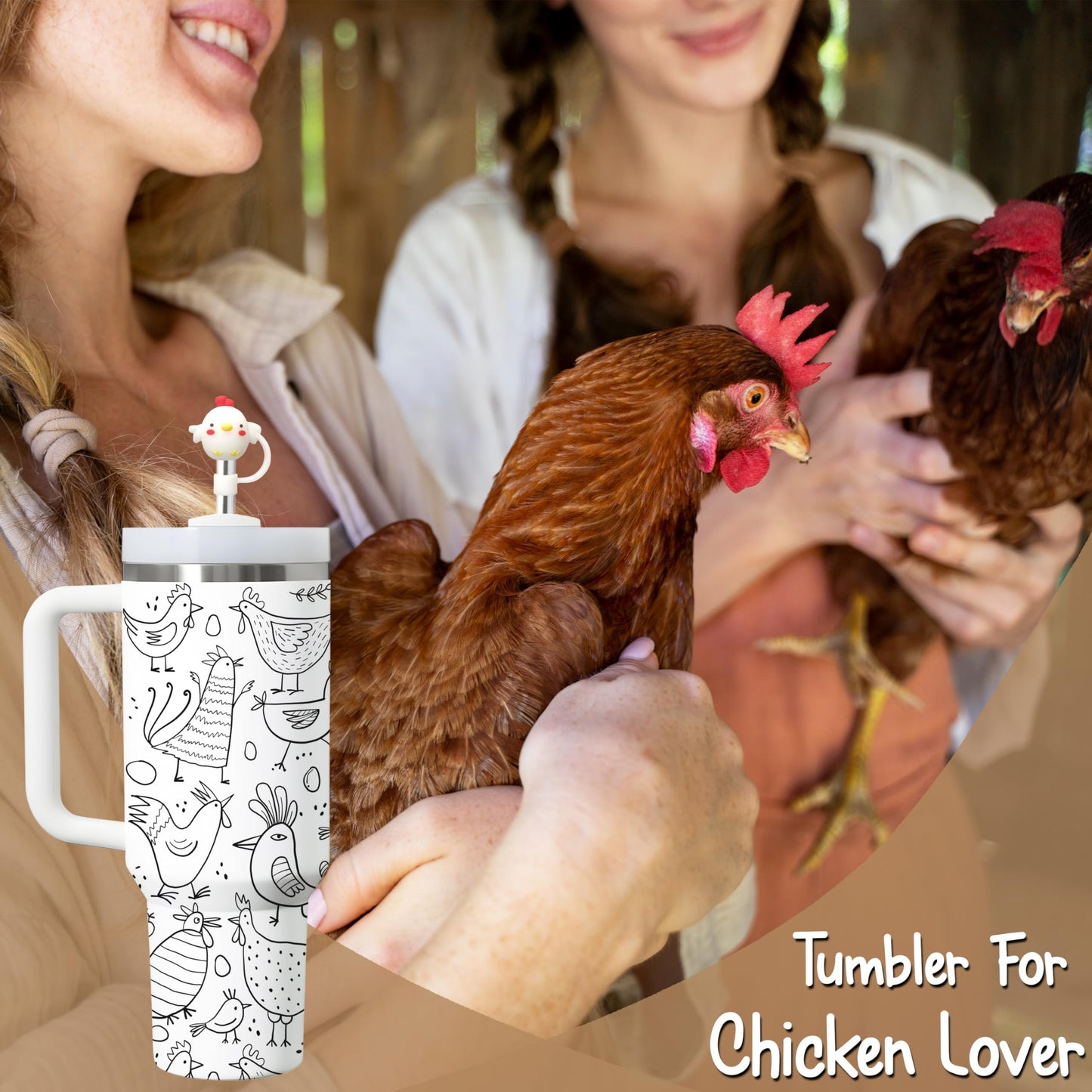 40Oz Chicken Tumbler with Handle & Straw, Chick Straw Cover - Ideal for Chicken Lady, Chicken Cups - Perfect Chicken Mom Gifts for Birthday, Christmas, Decorations, Gifts for People with Chickens