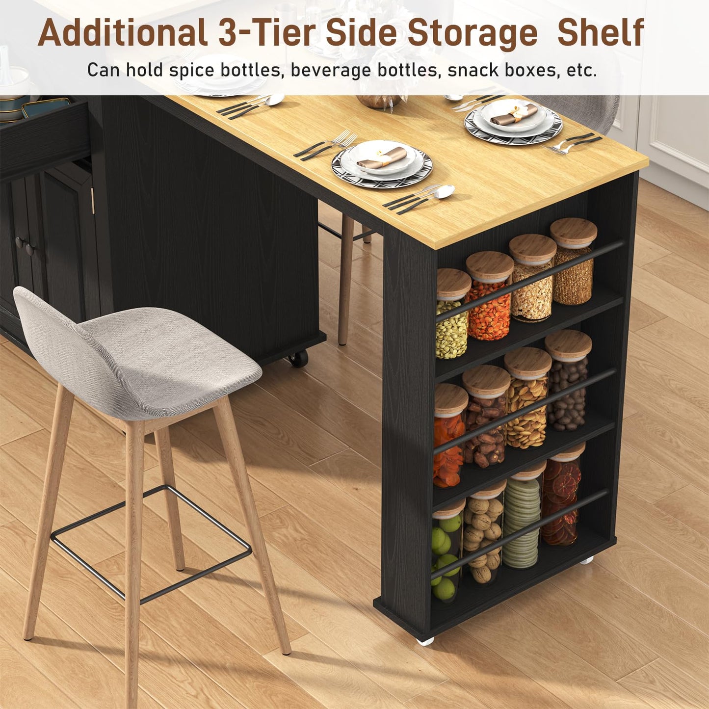 80"-48" Extendable Kitchen Island with Extended Dining Table and Power Outlet,Large Mobile Kitchen Storage Islands with 2 Storage Drawers,Rolling Islands Cart with 3 Extra Rows Open Shelves(Black)