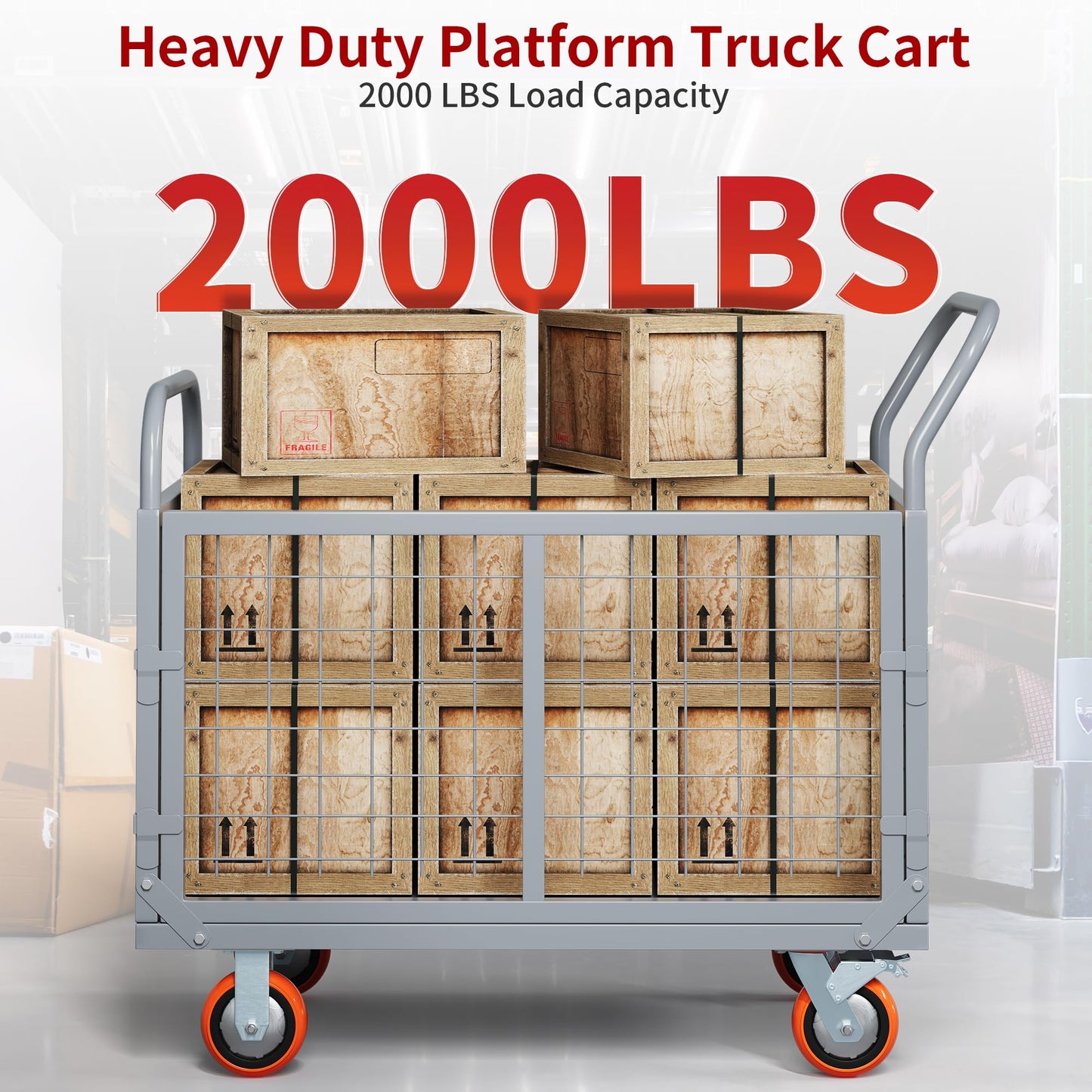 YITAMOTOR 2000lbs Platform Truck Cart with Cage, 6-in-1 Foldable Heavy Duty Hand Truck Flatbed Cart with 6" Swivel Casters, Multi-Functional Push Dolly for Grocery, Laundry, Warehouse, Storage