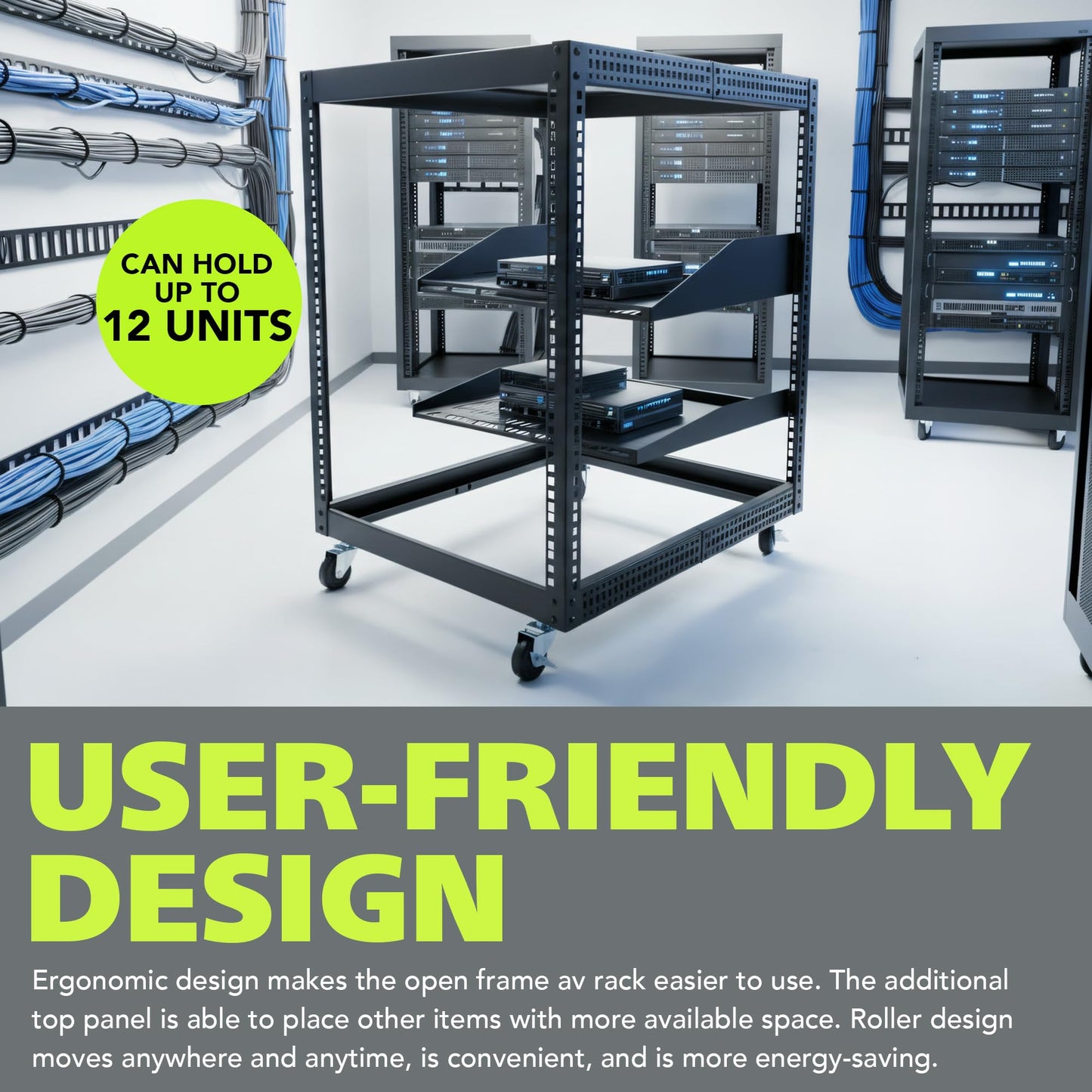 Pearington 12U Open Frame Server Rack, 23''-40'' Adjustable Depth, Free Standing or Wall Mount, 4 Post AV Rack with Casters, Holds Networking IT Equipment AV Gear Router Modem