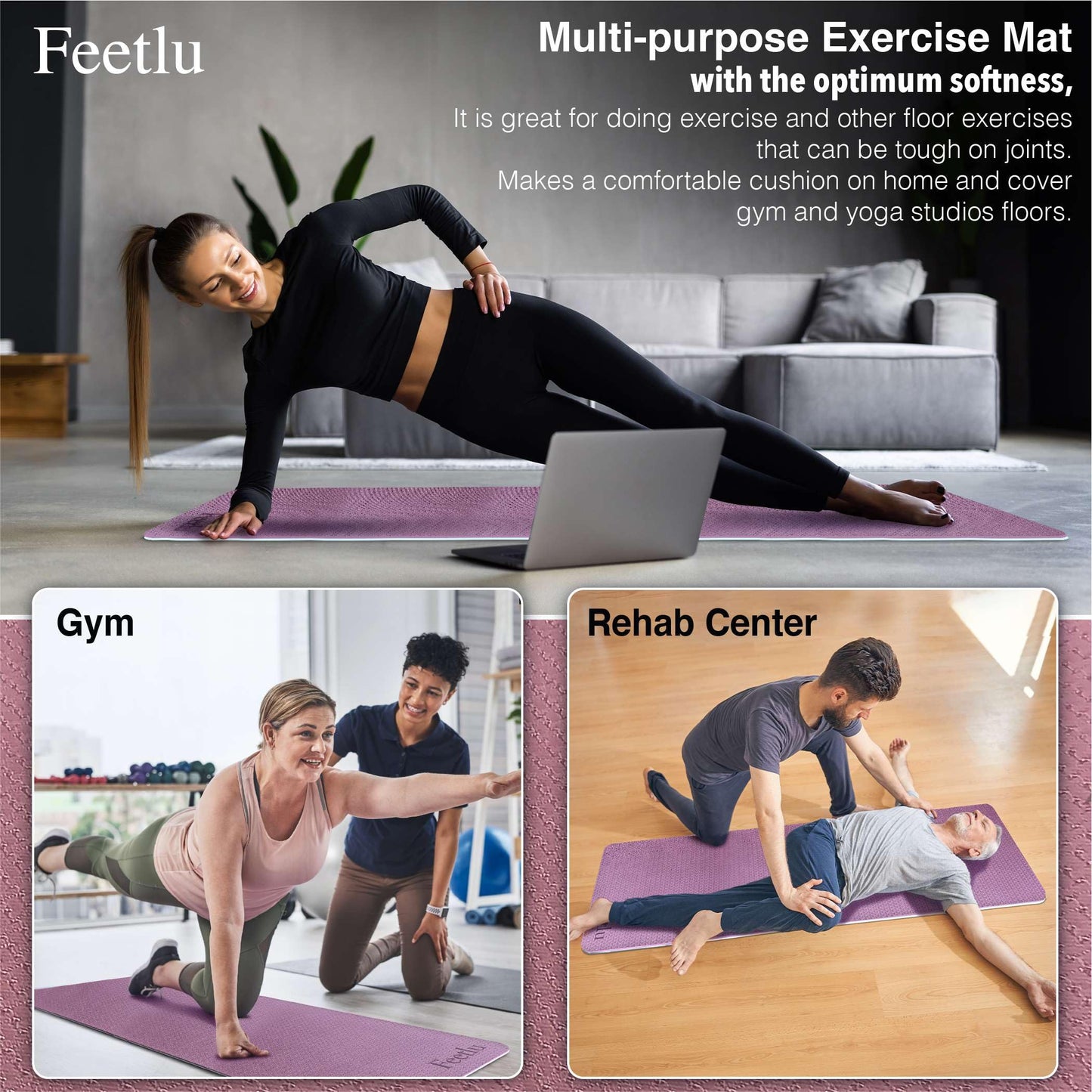 Feetlu Extra Thick Exercise Yoga Mat with Strap - 2/5 Inch (10MM), Non-Slip Workout Mat for Yoga, Pilates, and Floor Exercises(Dark Purple & Blue Gray)