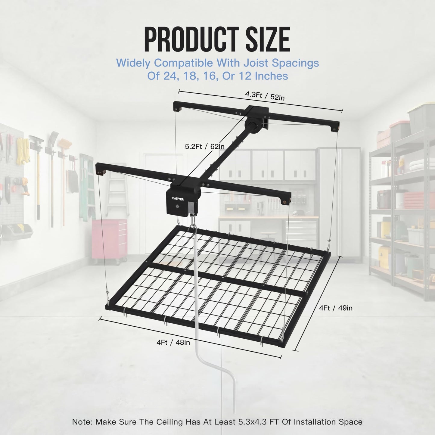 GarveeTech 4x4 ft Overhead Garage Storage Rack, Adjustable Heavy Duty Hanging Garage Ceiling Storage Rack System, 300 Lbs Weight Capacity