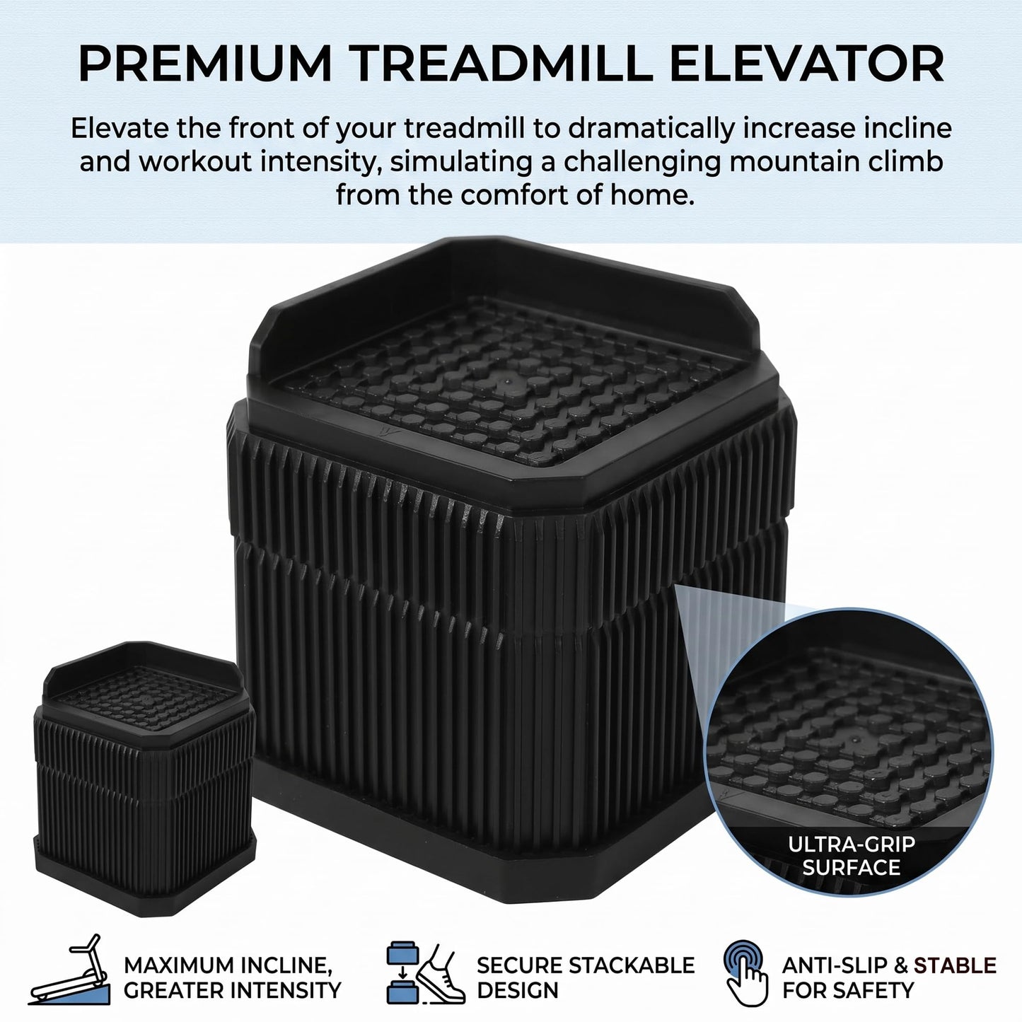 Customizable Treadmill Incline Riser Blocks: 4 Pack Adjustable 1/2/3 Inch Height Lift for Custom Uphill Training, Anti-Slip Heavy Duty Plastic 4000 LBS Stackable Walking Pad Levelers for Home Gym