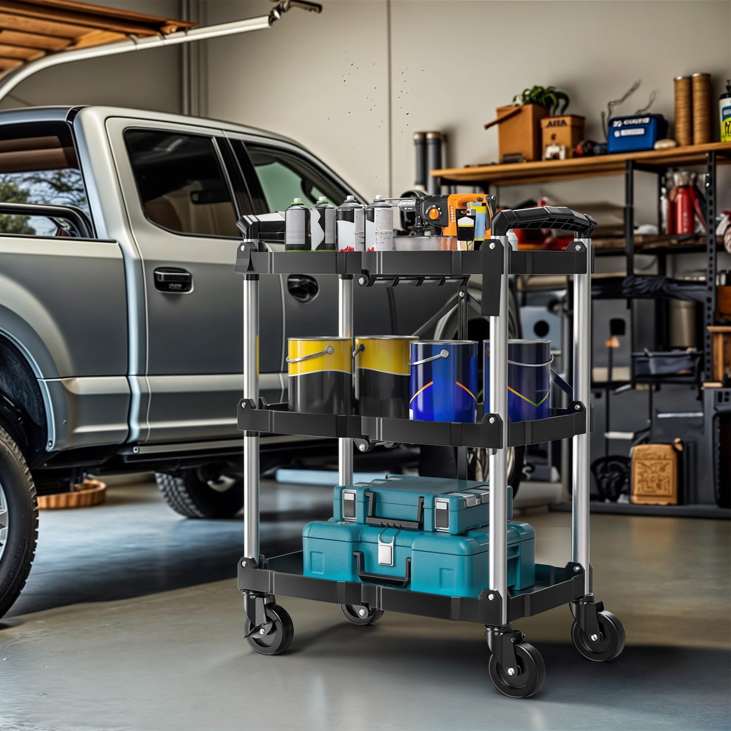 DWVO 3-Tier Folding Utility Cart, Foldable Service Cart Heavy Duty Collapsible Rolling Cart with 360° Swivel Wheels and Brake, 240LBS Load Capacity Portable Utility Cart for Kitchen, Warehouse, Garage