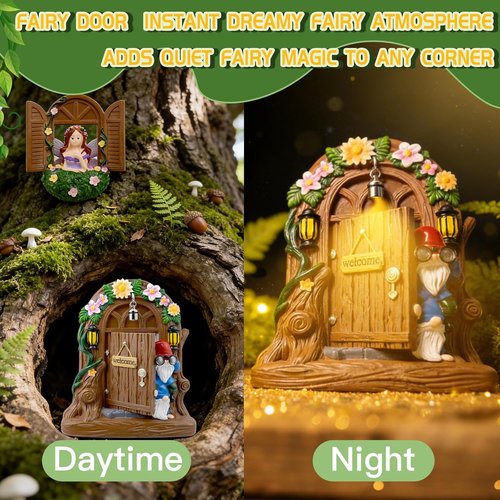 Exasinine Fairy Door and Windows Set - Gnome Statue Garden Sculpture for Outdoor Decor