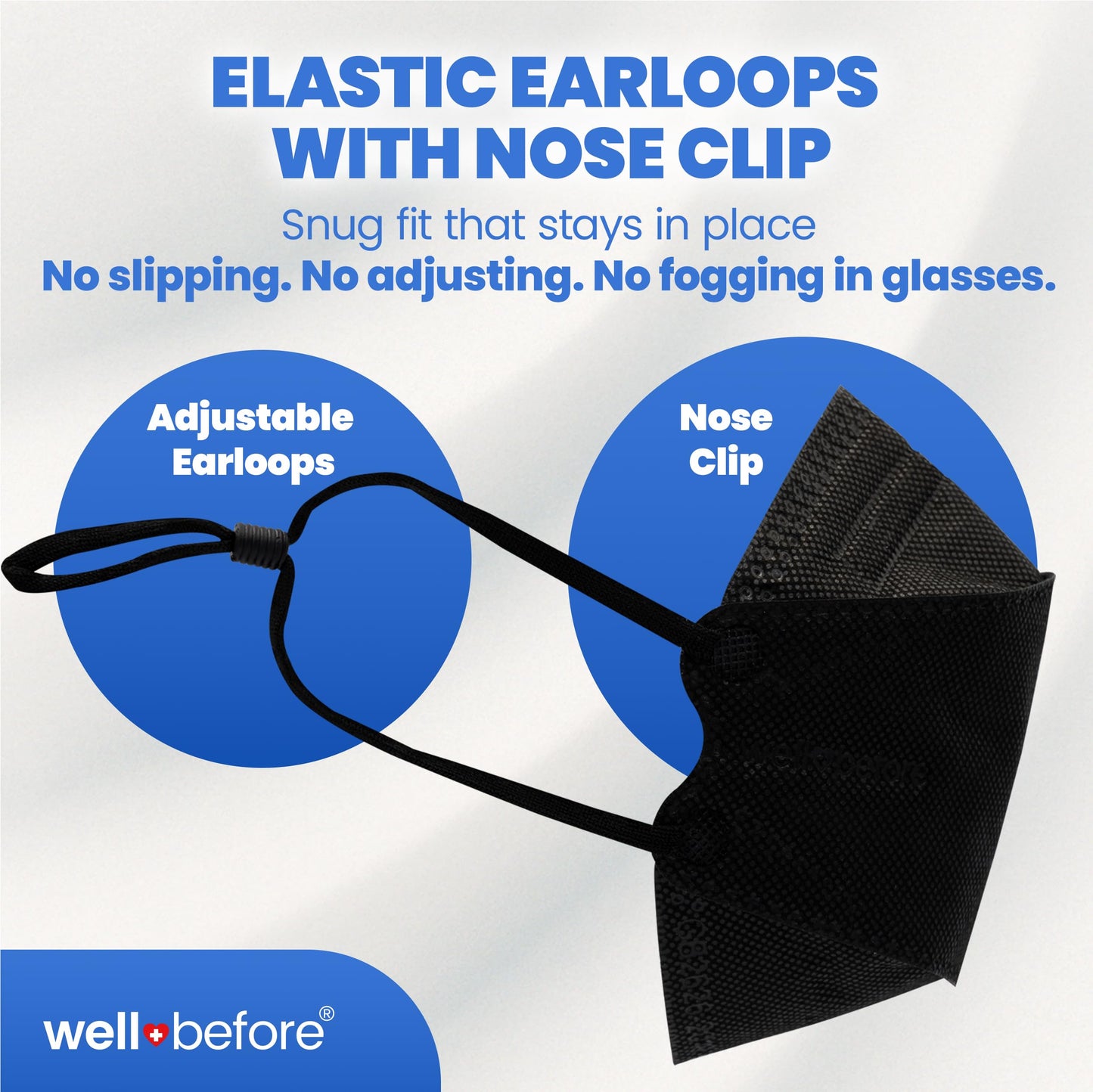 Well Before 3D KN95 Disposable Face Masks with Adjustable Ear Loops, Medium, Black, Pack of 50