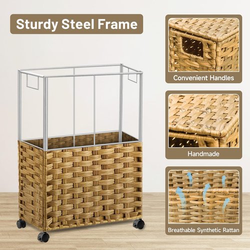 Hiagnete Toilet Paper Storage Basket with Lid and Wheels, Rattan Toilet Paper Holder Storage, Toilet Paper Organizer for Bathroom, Bedroom, Kitchen, 12.6”L x 7.1”W x 17.14”H, Naturall