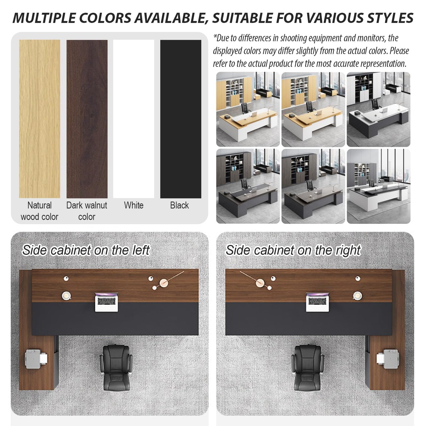 EQWZUPD Executive Office Desk, L Shaped, 1'' Thick Tabletop, Solid Wood Board, with Side cabinets and Wire Holes, Drawer with Lock, for Executive Desks,Boss Table,Computer Desk,Home Office Furniture