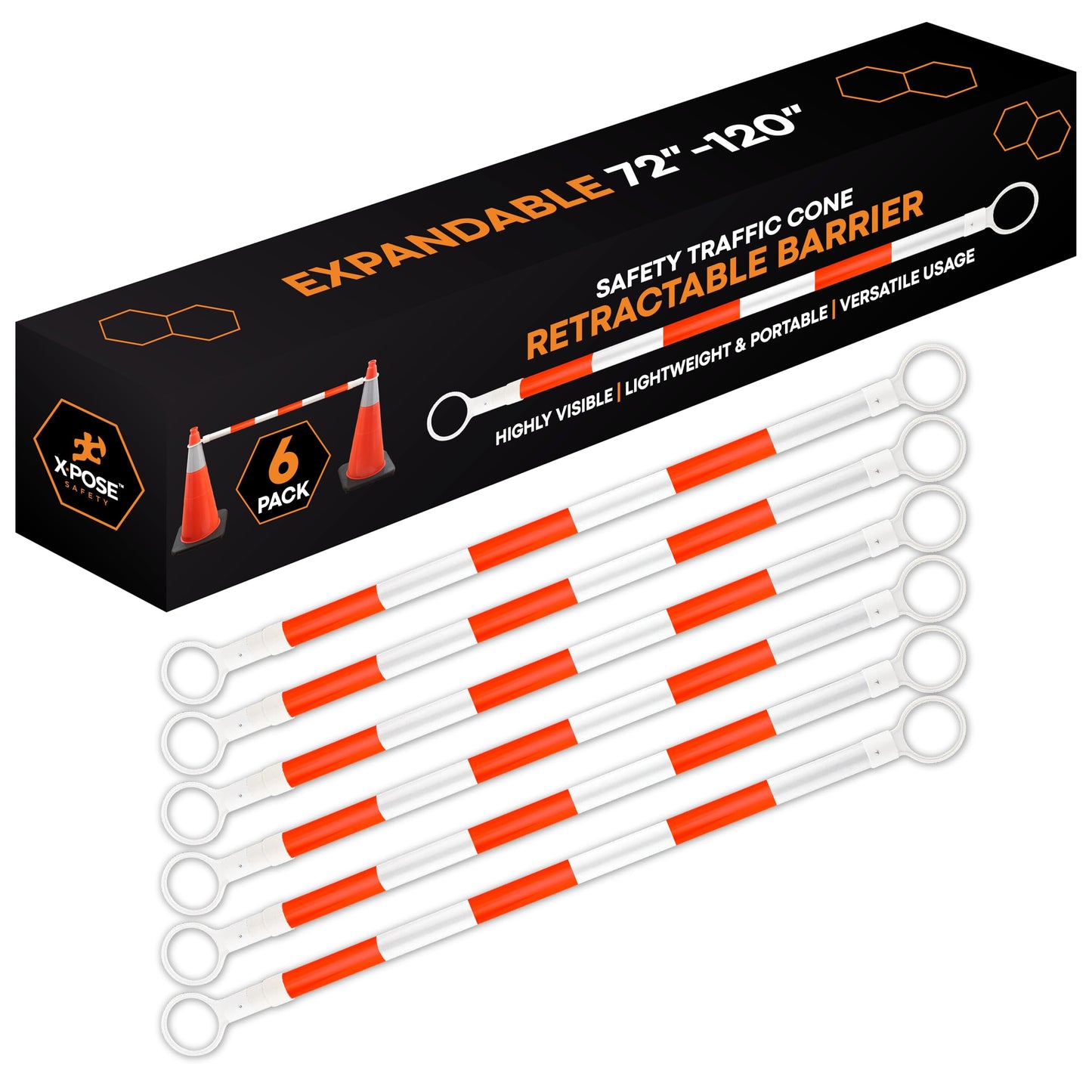 Xpose Safety Reflective Retractable Barrier for Traffic Cones – 6 Pack, Orange/White, Expandable 72″–120″ for Construction, Parking & Crowd Control